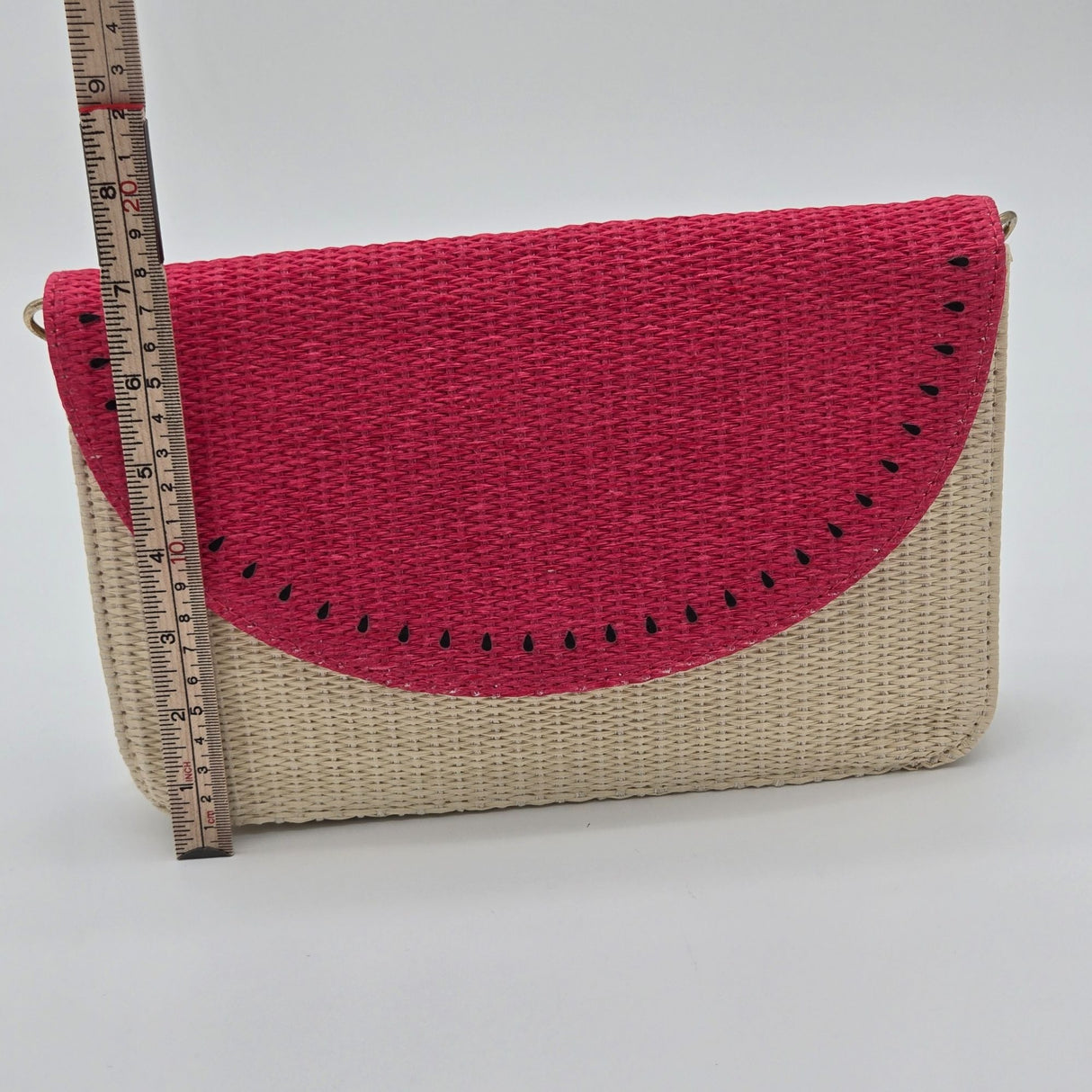 Escada Sorbetto Rosso Watermelon Straw Woven Crossbody Bag With Pink Flap & Gold Chain Strap