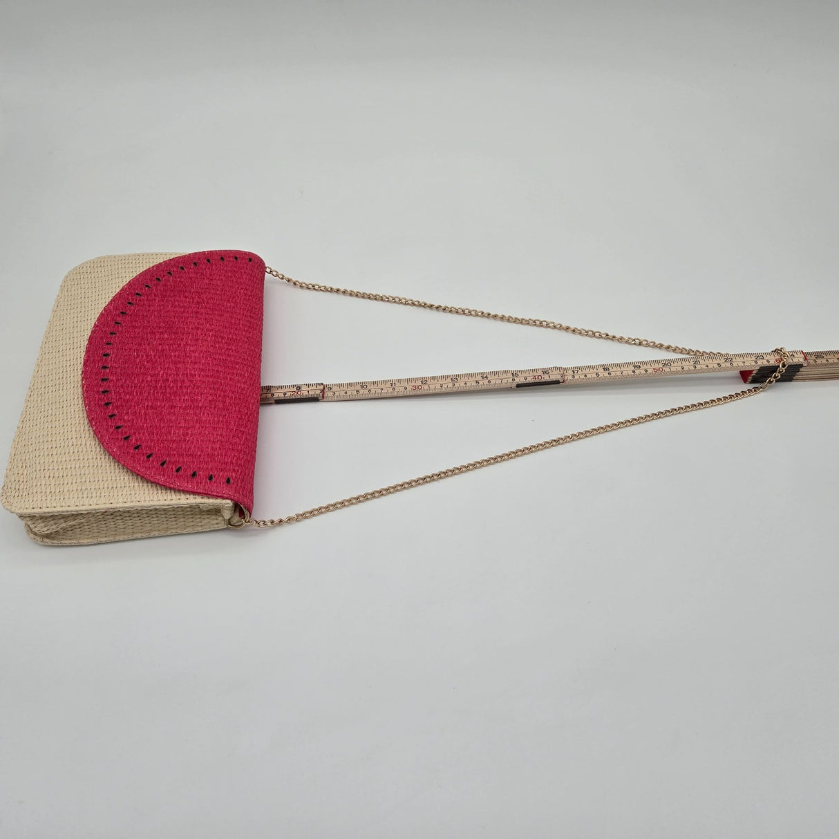 Escada Sorbetto Rosso Watermelon Straw Woven Crossbody Bag With Pink Flap & Gold Chain Strap