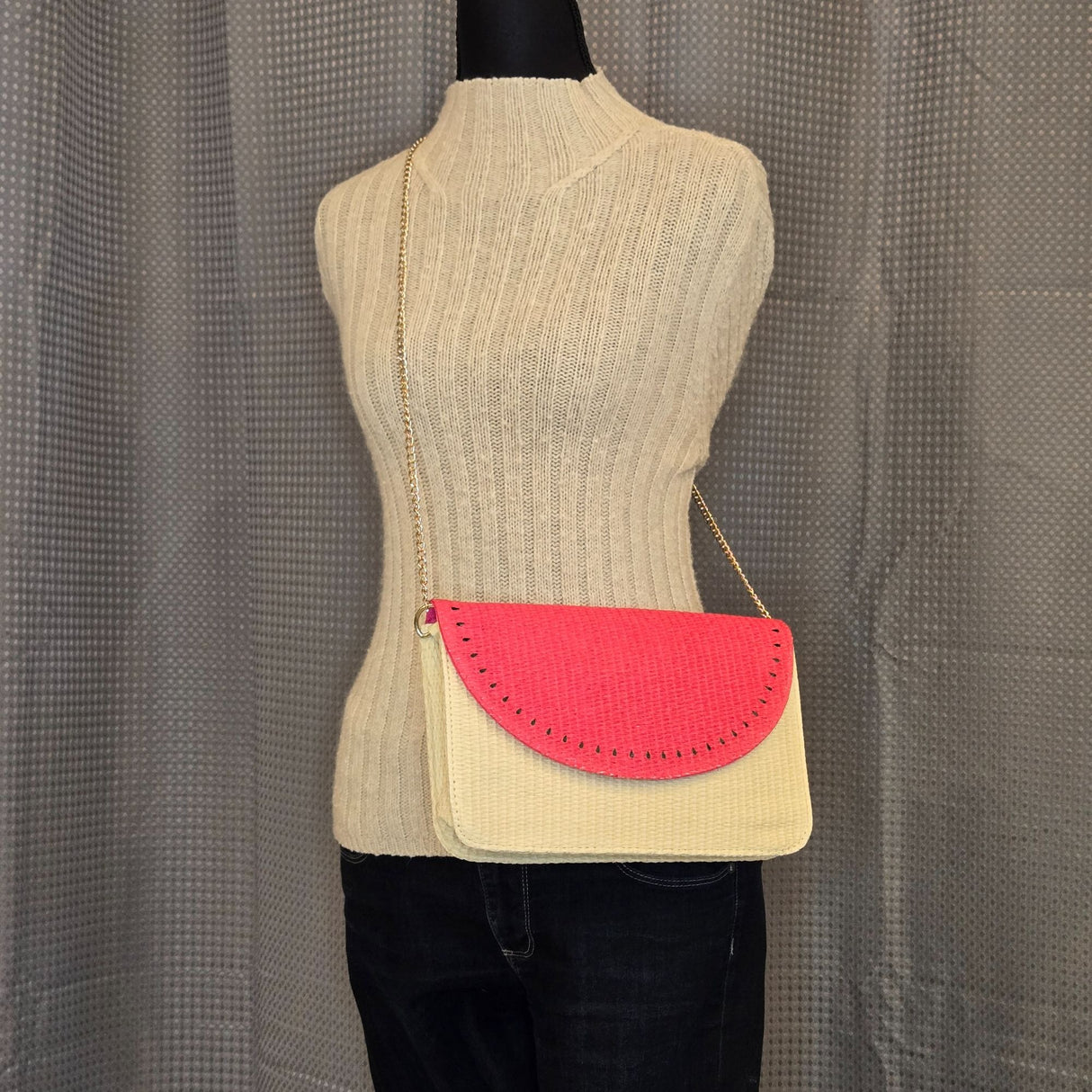 Escada Sorbetto Rosso Watermelon Straw Woven Crossbody Bag With Pink Flap & Gold Chain Strap