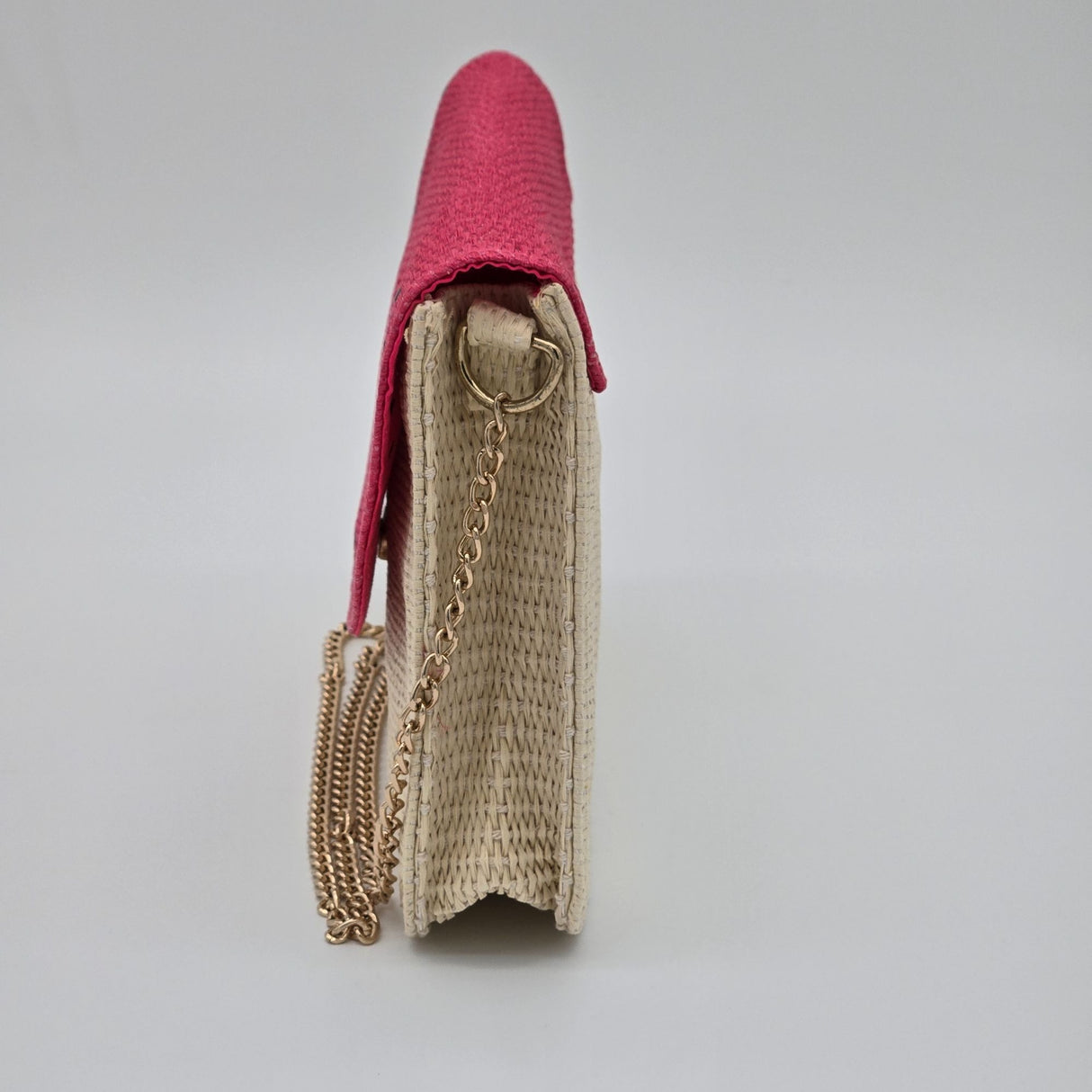 Escada Sorbetto Rosso Watermelon Straw Woven Crossbody Bag With Pink Flap & Gold Chain Strap