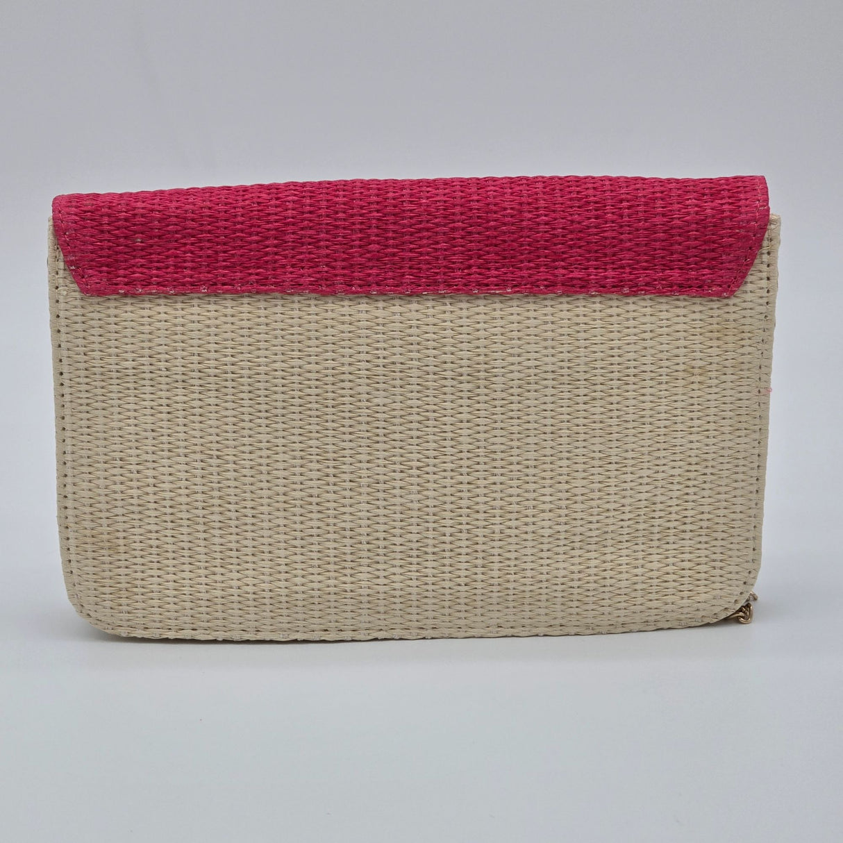 Escada Sorbetto Rosso Watermelon Straw Woven Crossbody Bag With Pink Flap & Gold Chain Strap