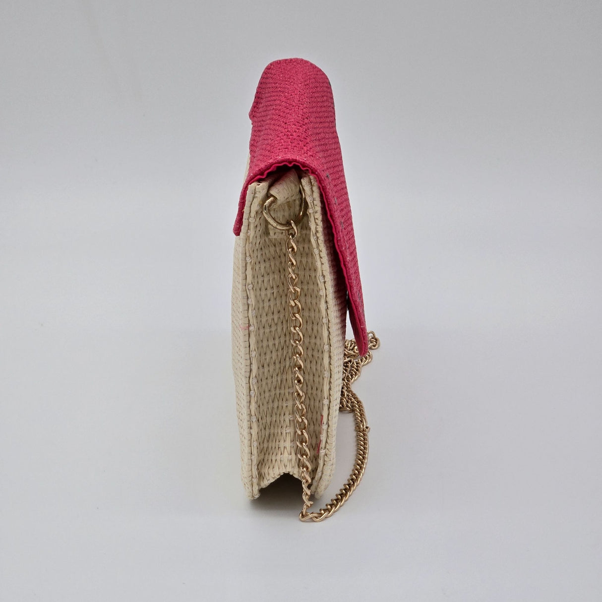 Escada Sorbetto Rosso Watermelon Straw Woven Crossbody Bag With Pink Flap & Gold Chain Strap