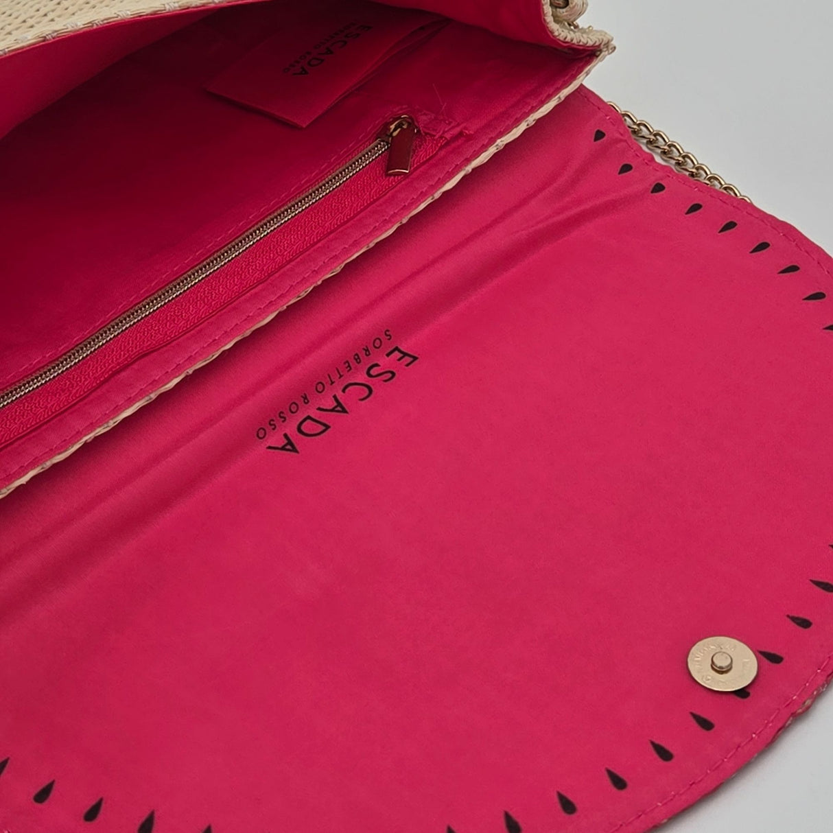 Escada Sorbetto Rosso Watermelon Straw Woven Crossbody Bag With Pink Flap & Gold Chain Strap