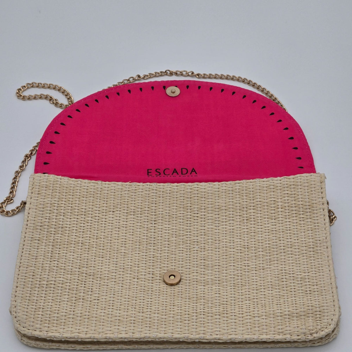 Escada Sorbetto Rosso Watermelon Straw Woven Crossbody Bag With Pink Flap & Gold Chain Strap