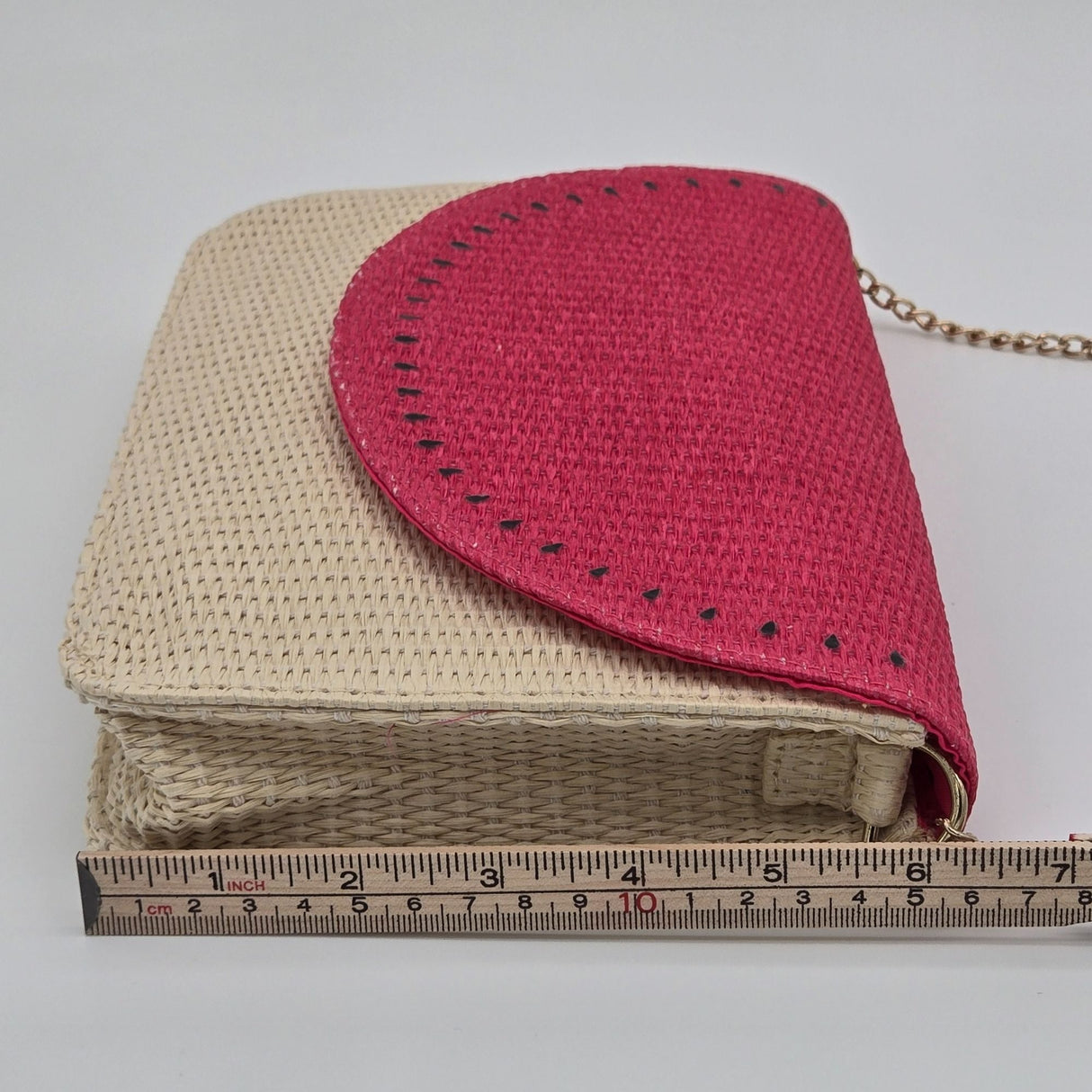 Escada Sorbetto Rosso Watermelon Straw Woven Crossbody Bag With Pink Flap & Gold Chain Strap
