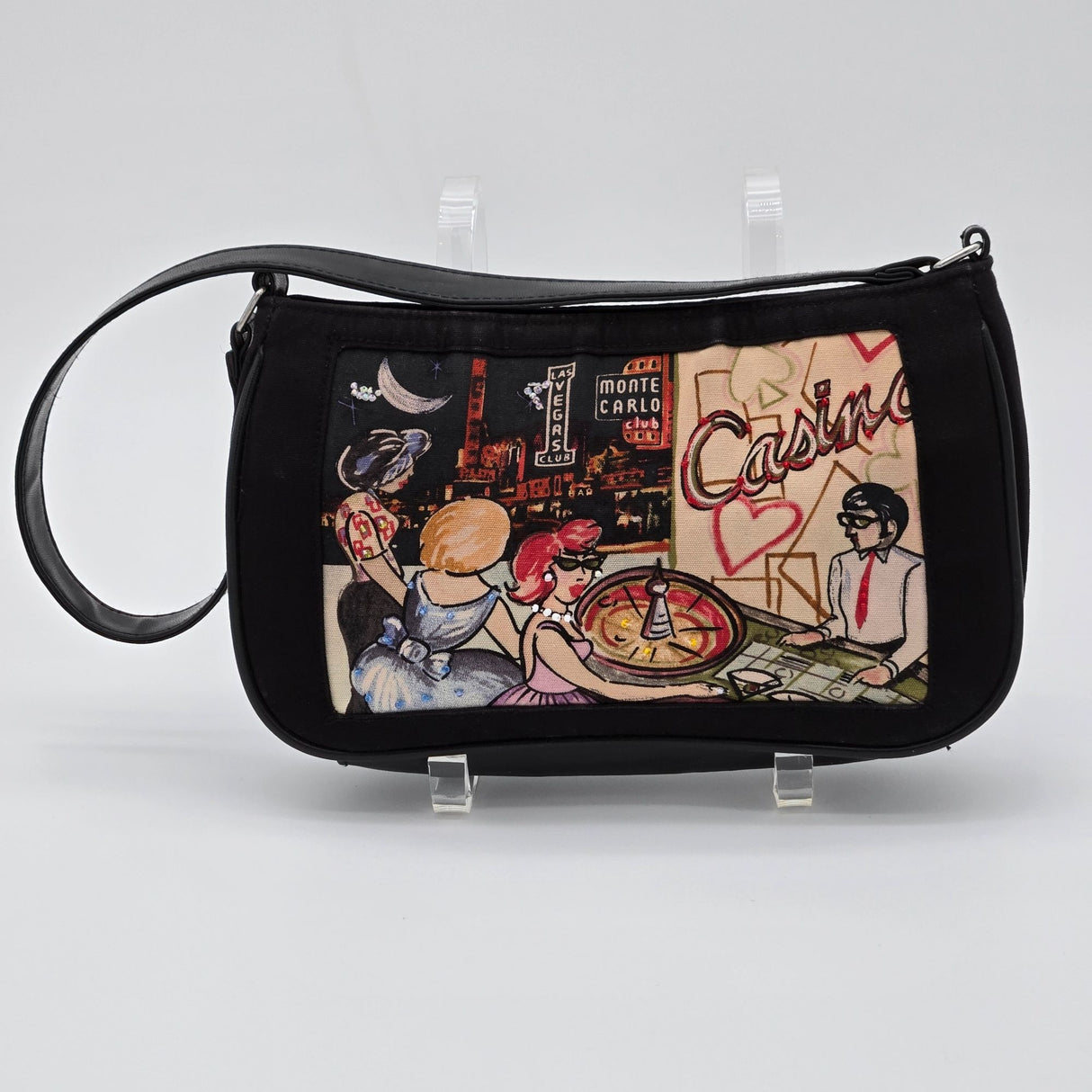 Retro Casino-Themed Black Handbag With Zipper Closure
