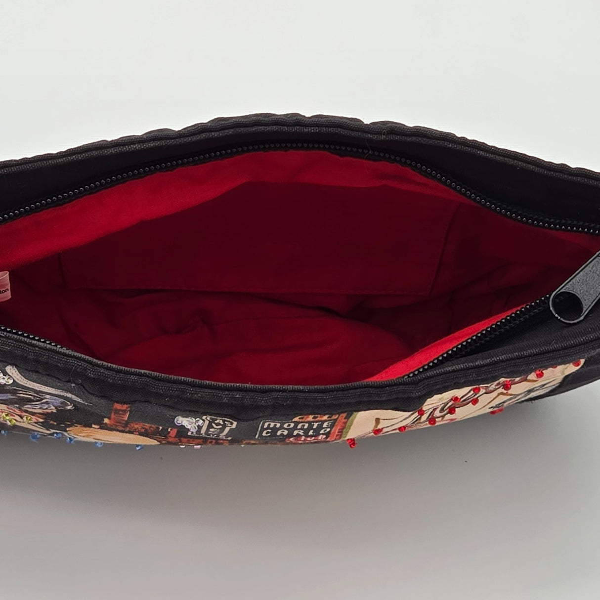 Retro Casino-Themed Black Handbag With Zipper Closure