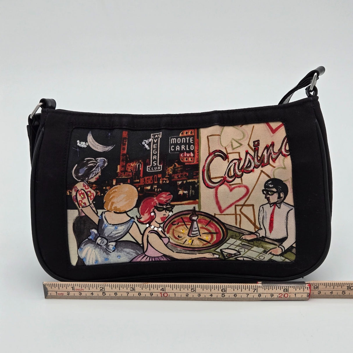 Retro Casino-Themed Black Handbag With Zipper Closure