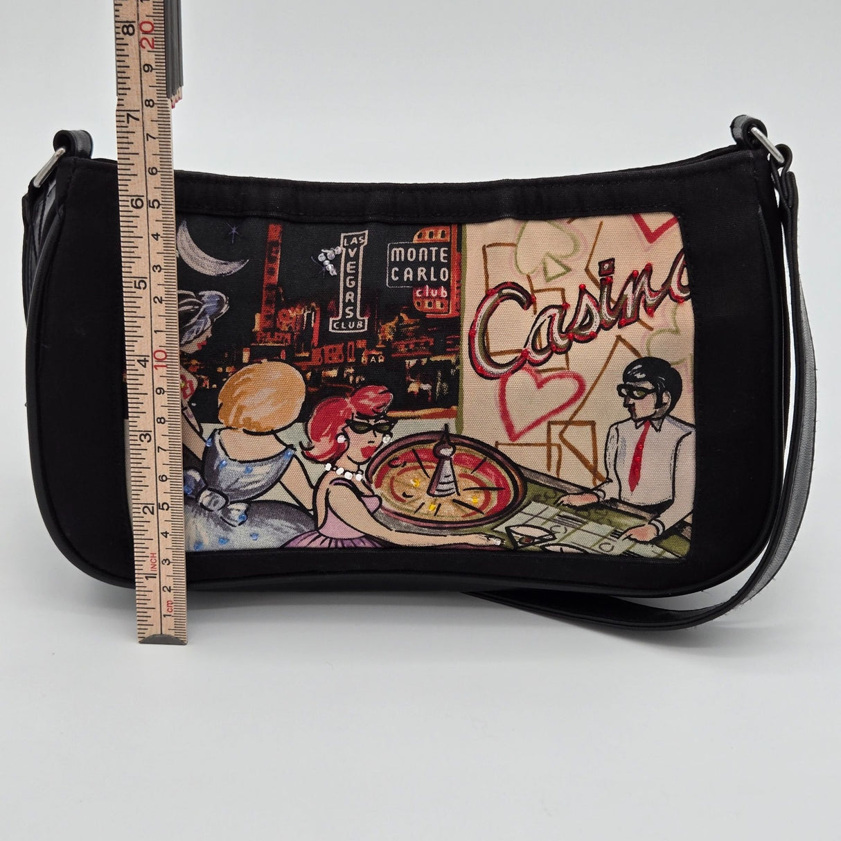 Retro Casino-Themed Black Handbag With Zipper Closure