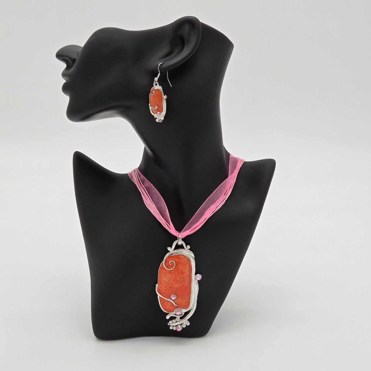 Orange Pendant Necklace & Earrings Set With Pink Rhinestones Silver-Tone Swirl Design & Pink Ribbon Cord