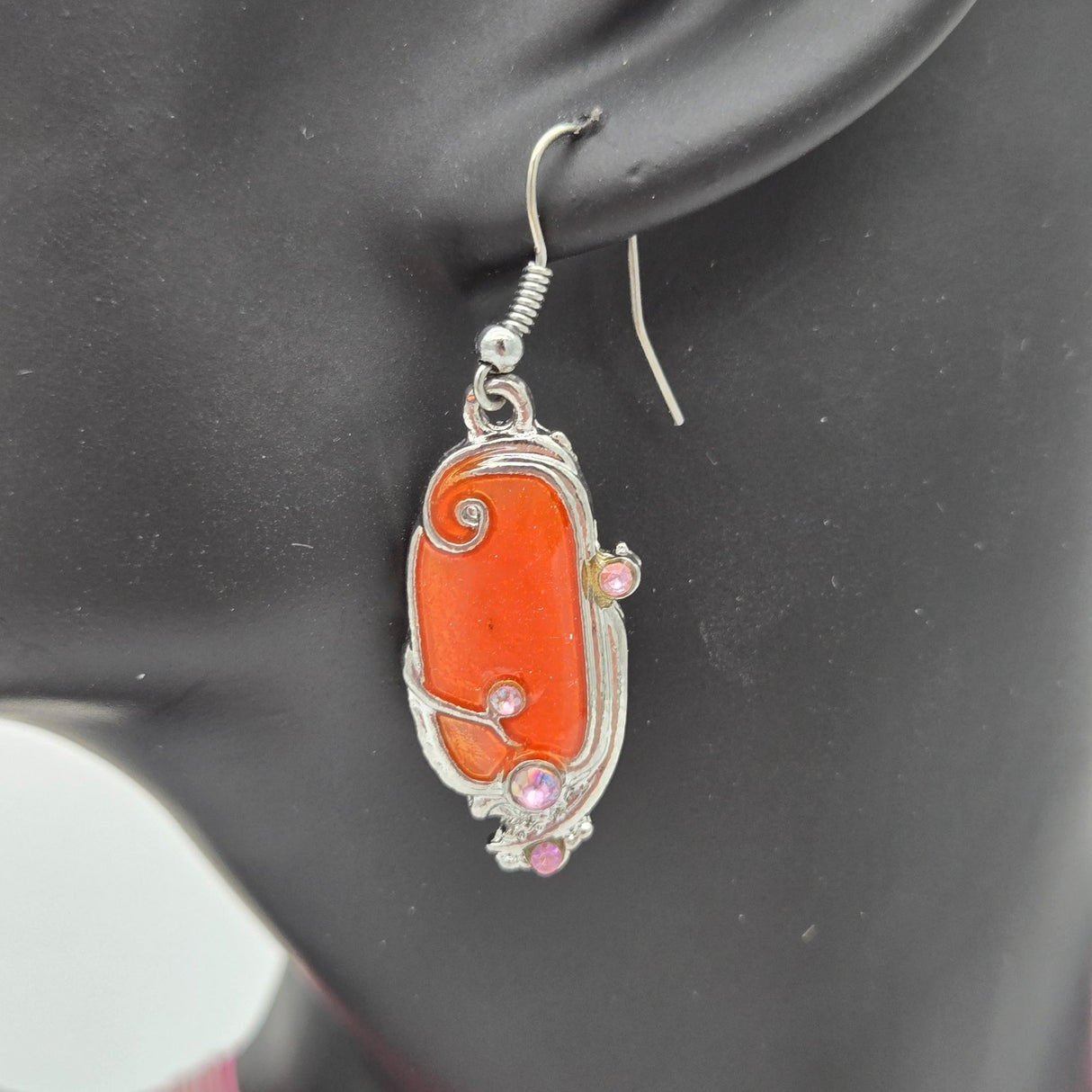 Orange Pendant Necklace & Earrings Set With Pink Rhinestones Silver-Tone Swirl Design & Pink Ribbon Cord