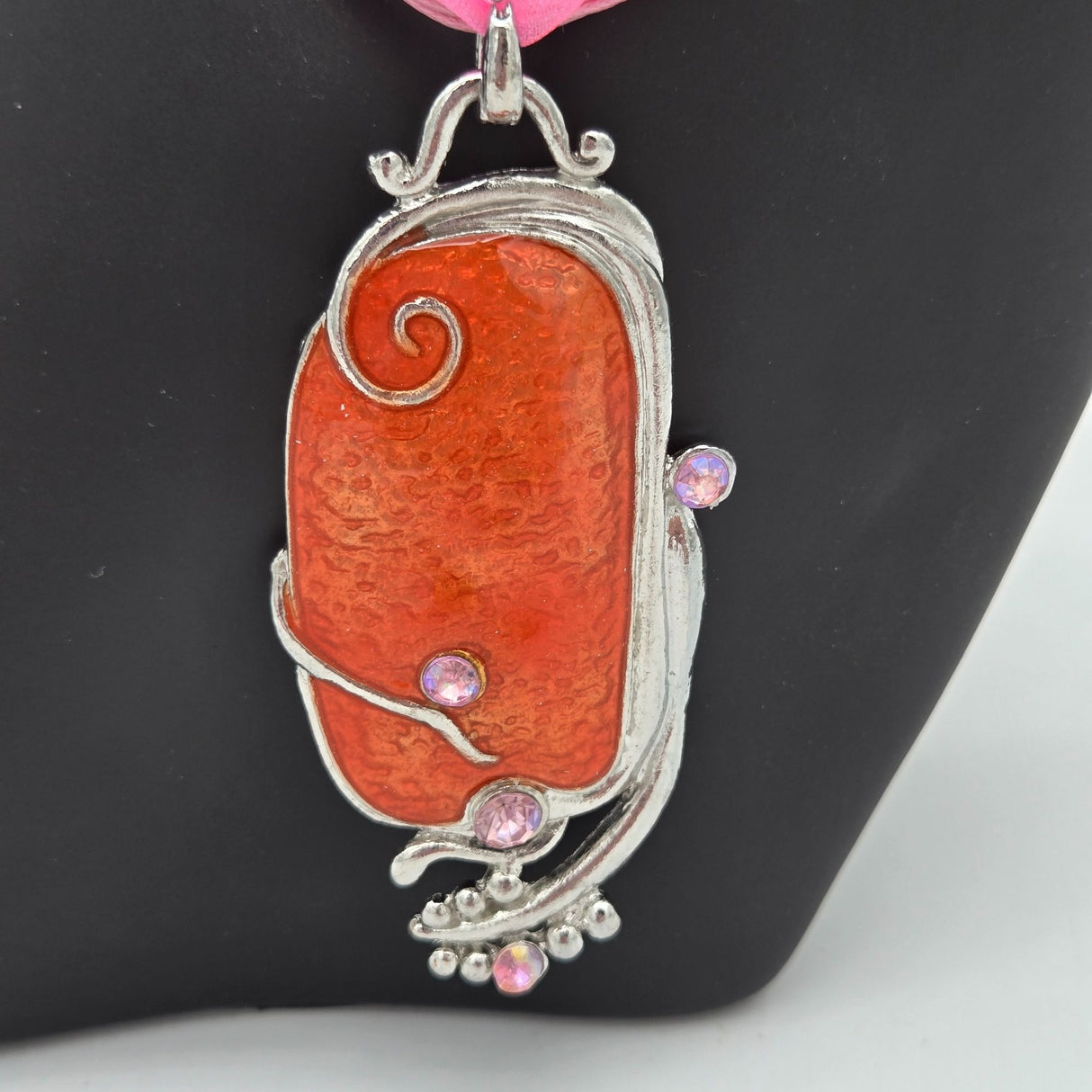 Orange Pendant Necklace & Earrings Set With Pink Rhinestones Silver-Tone Swirl Design & Pink Ribbon Cord