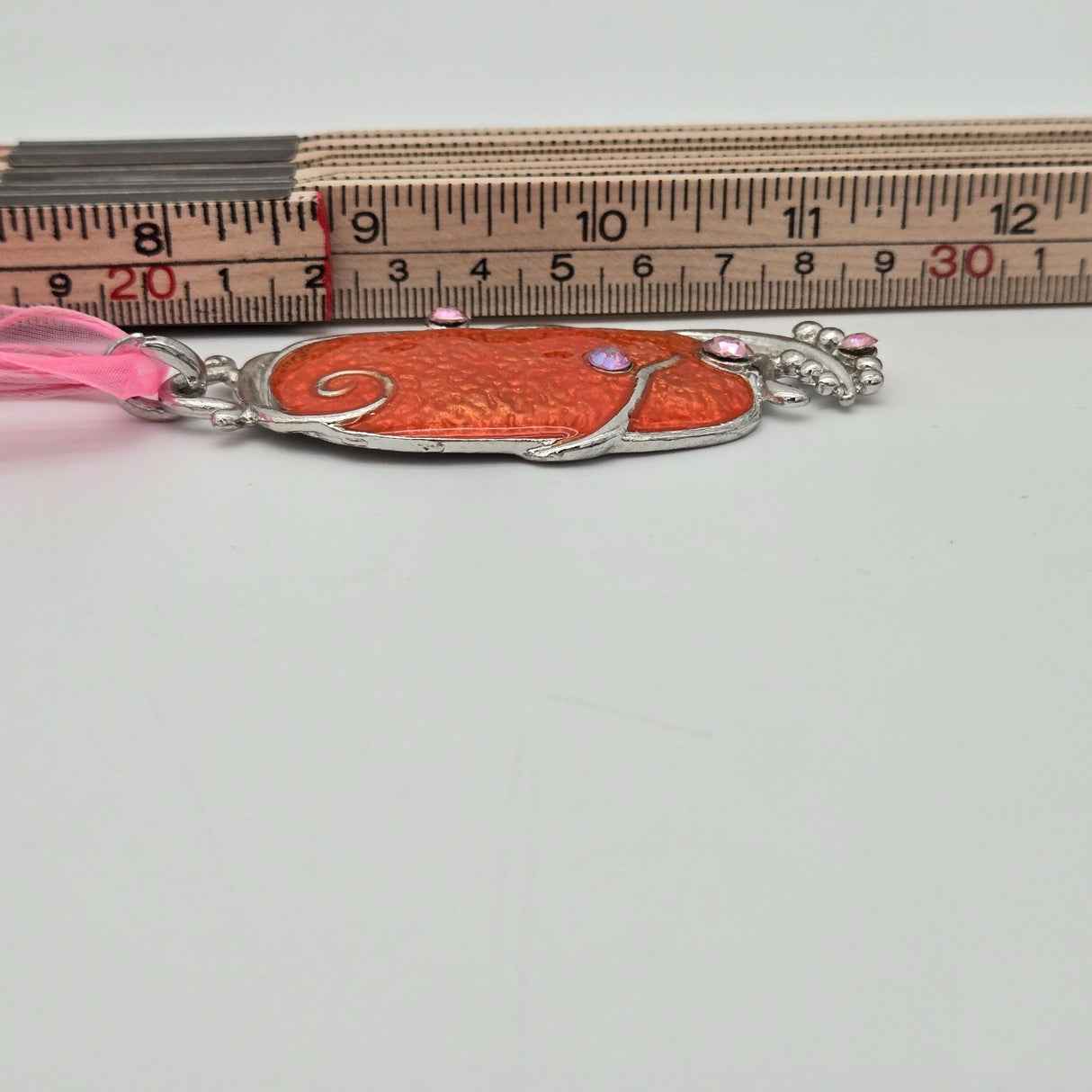 Orange Pendant Necklace & Earrings Set With Pink Rhinestones Silver-Tone Swirl Design & Pink Ribbon Cord