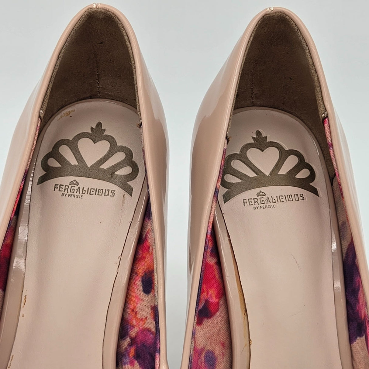 Fergalicious By Fergie Nude Patent Leather High Heels With Floral Print Lining Size 6.5 Womens Shoes