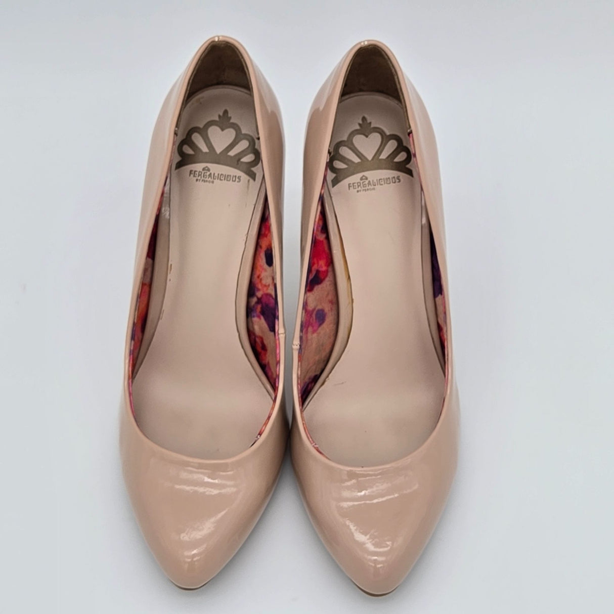 Fergalicious By Fergie Nude Patent Leather High Heels With Floral Print Lining Size 6.5 Womens Shoes