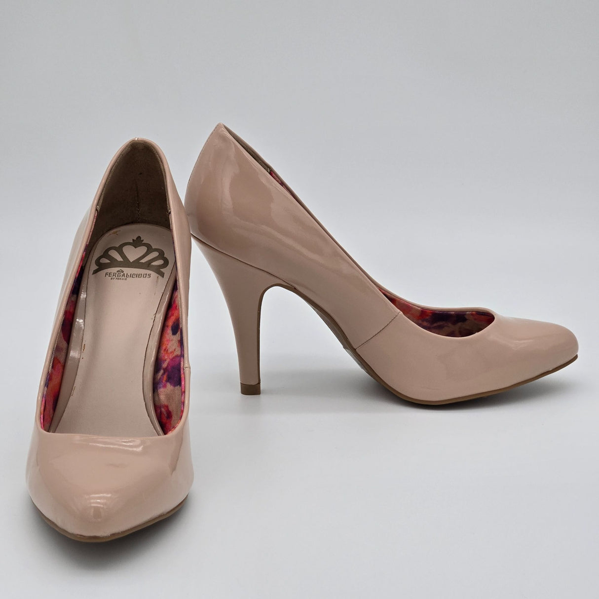 Fergalicious By Fergie Nude Patent Leather High Heels With Floral Print Lining Size 6.5 Womens Shoes