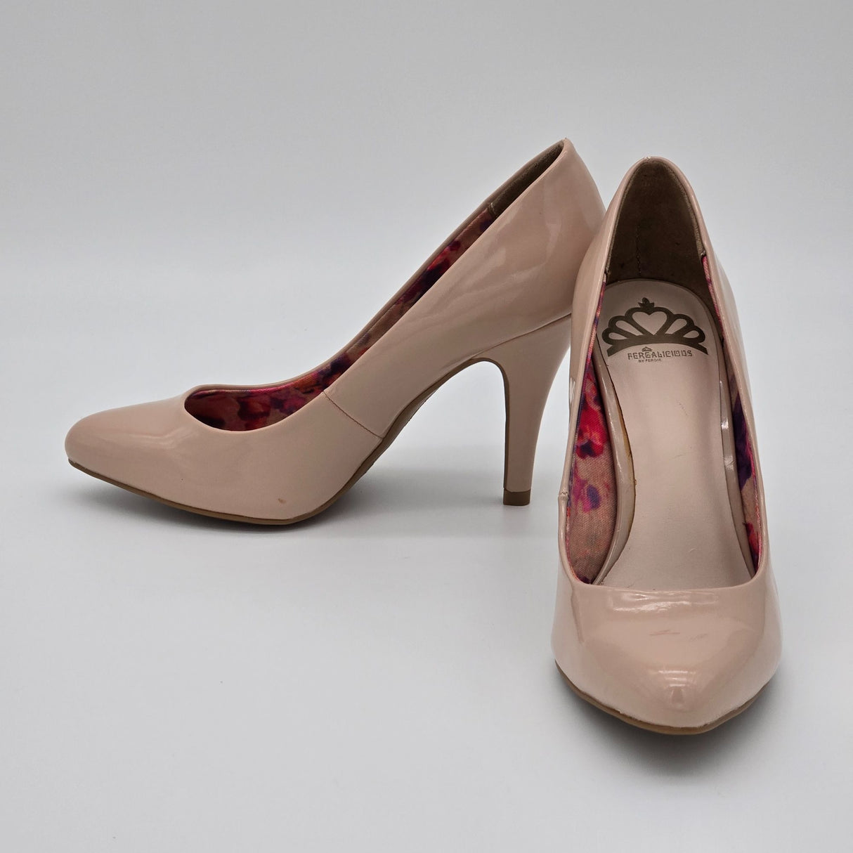 Fergalicious By Fergie Nude Patent Leather High Heels With Floral Print Lining Size 6.5 Womens Shoes