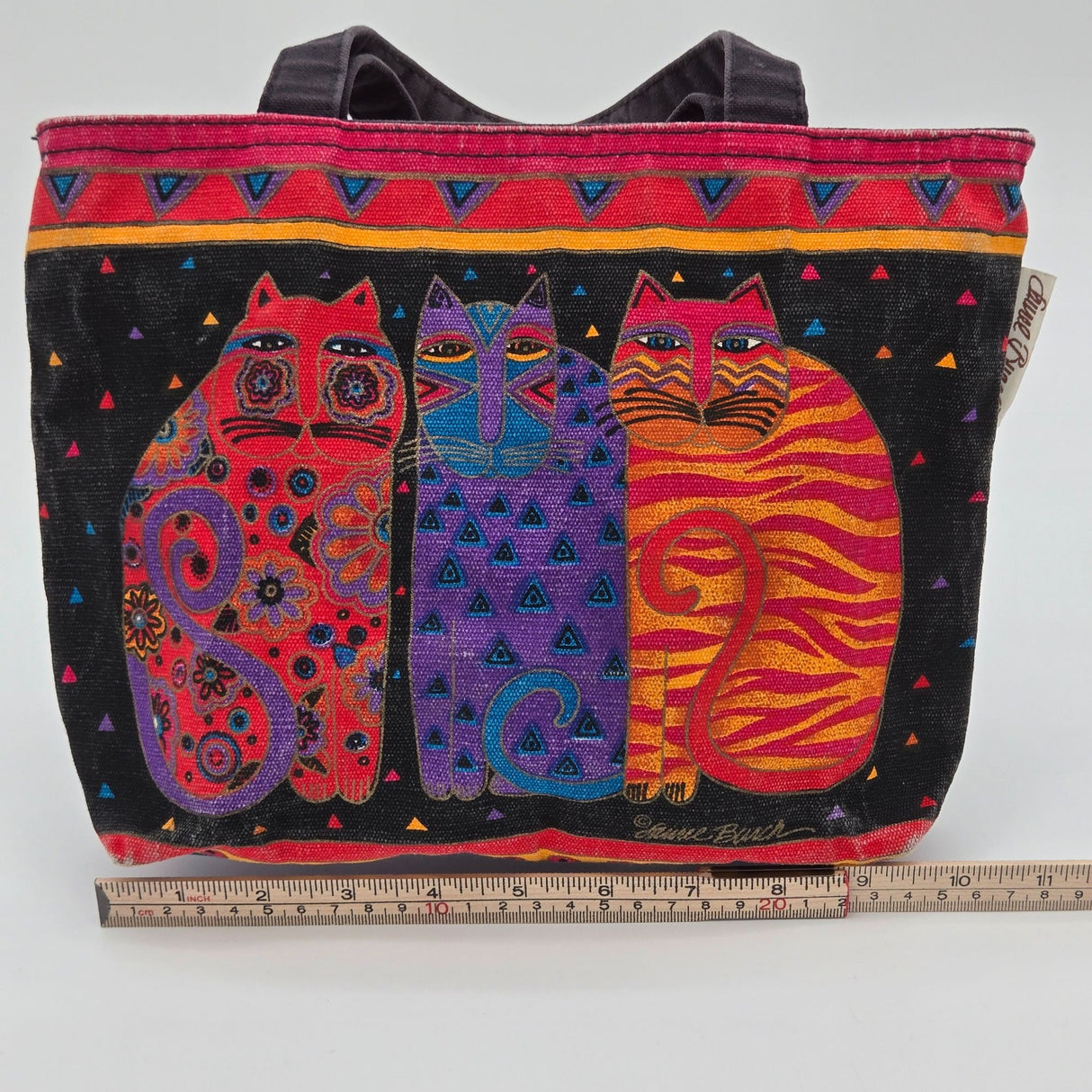 Laurel Burch Colorful Cat Print Canvas Tote Bag With Black Handles