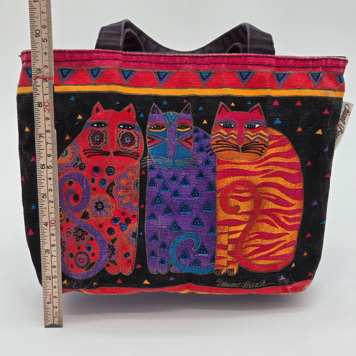 Laurel Burch Colorful Cat Print Canvas Tote Bag With Black Handles