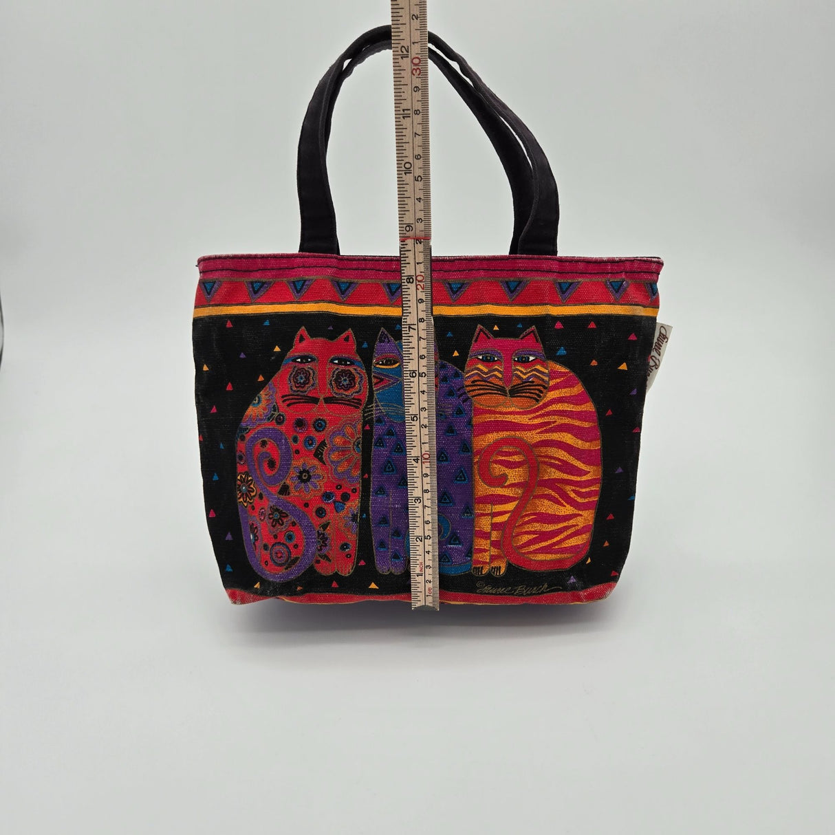 Laurel Burch Colorful Cat Print Canvas Tote Bag With Black Handles