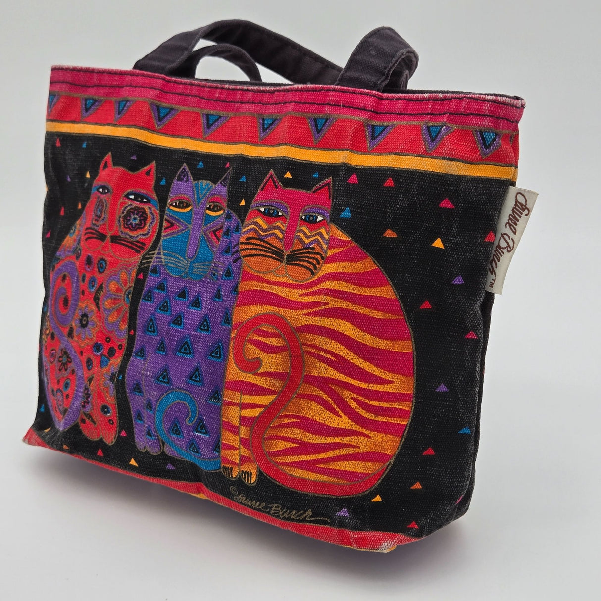 Laurel Burch Colorful Cat Print Canvas Tote Bag With Black Handles