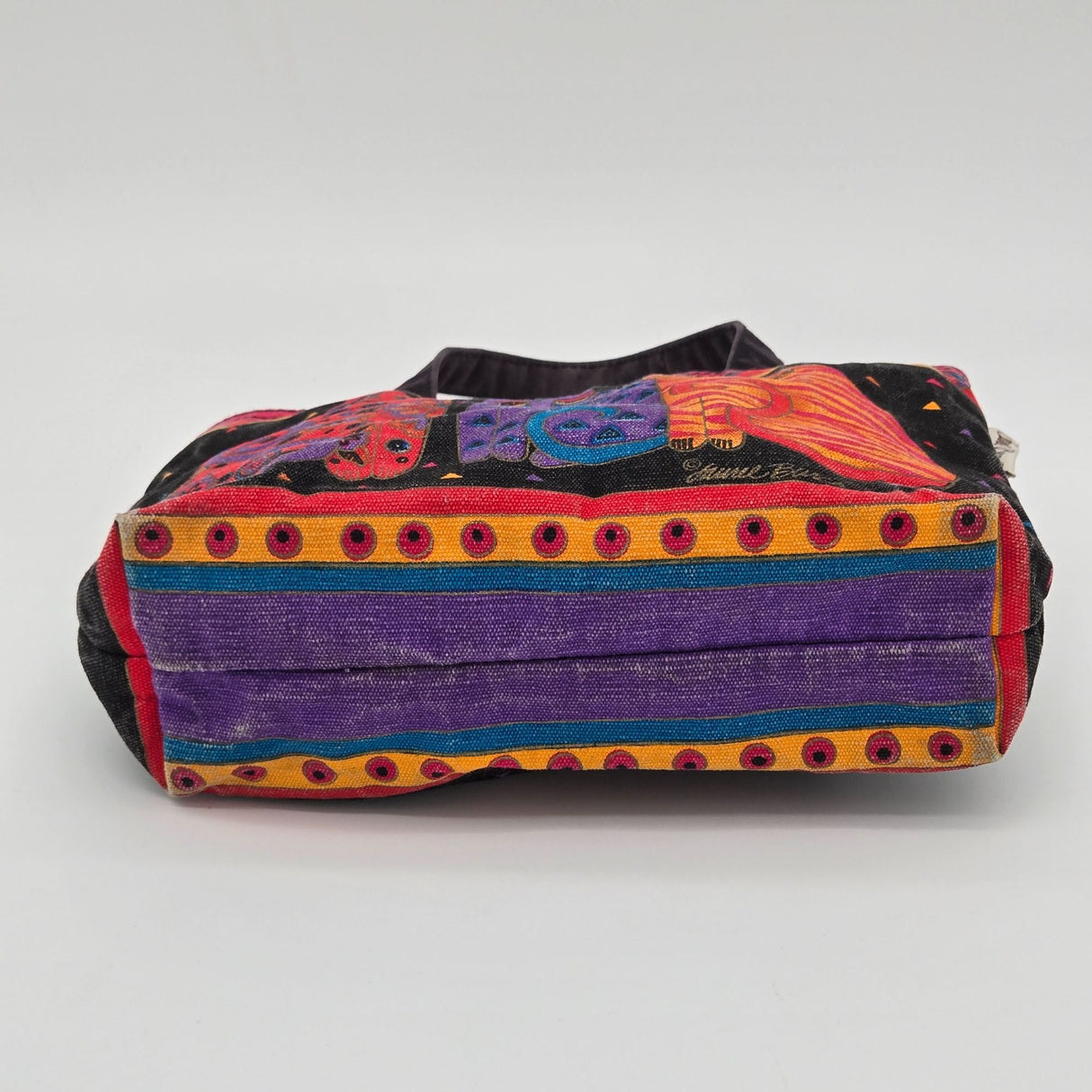 Laurel Burch Colorful Cat Print Canvas Tote Bag With Black Handles