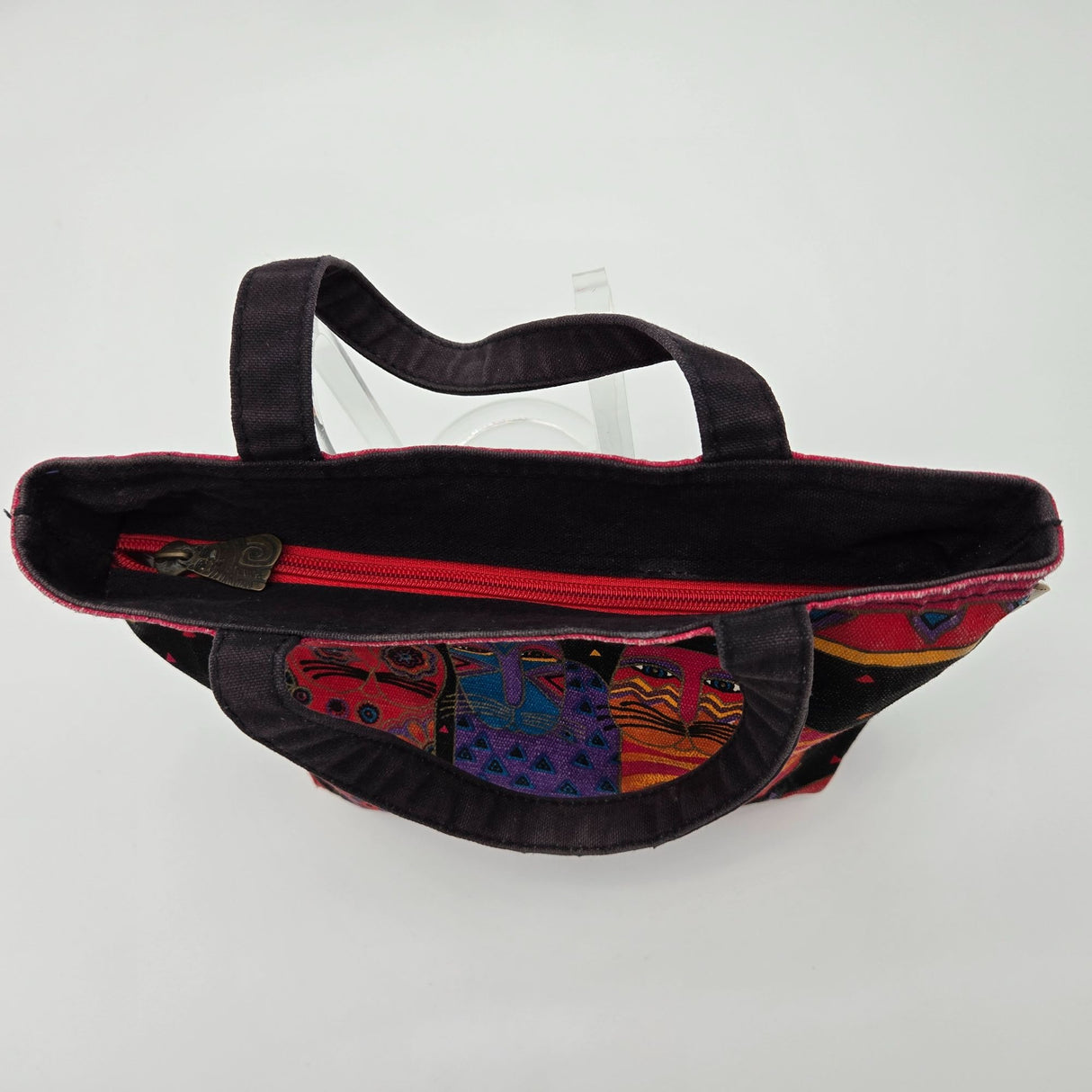 Laurel Burch Colorful Cat Print Canvas Tote Bag With Black Handles