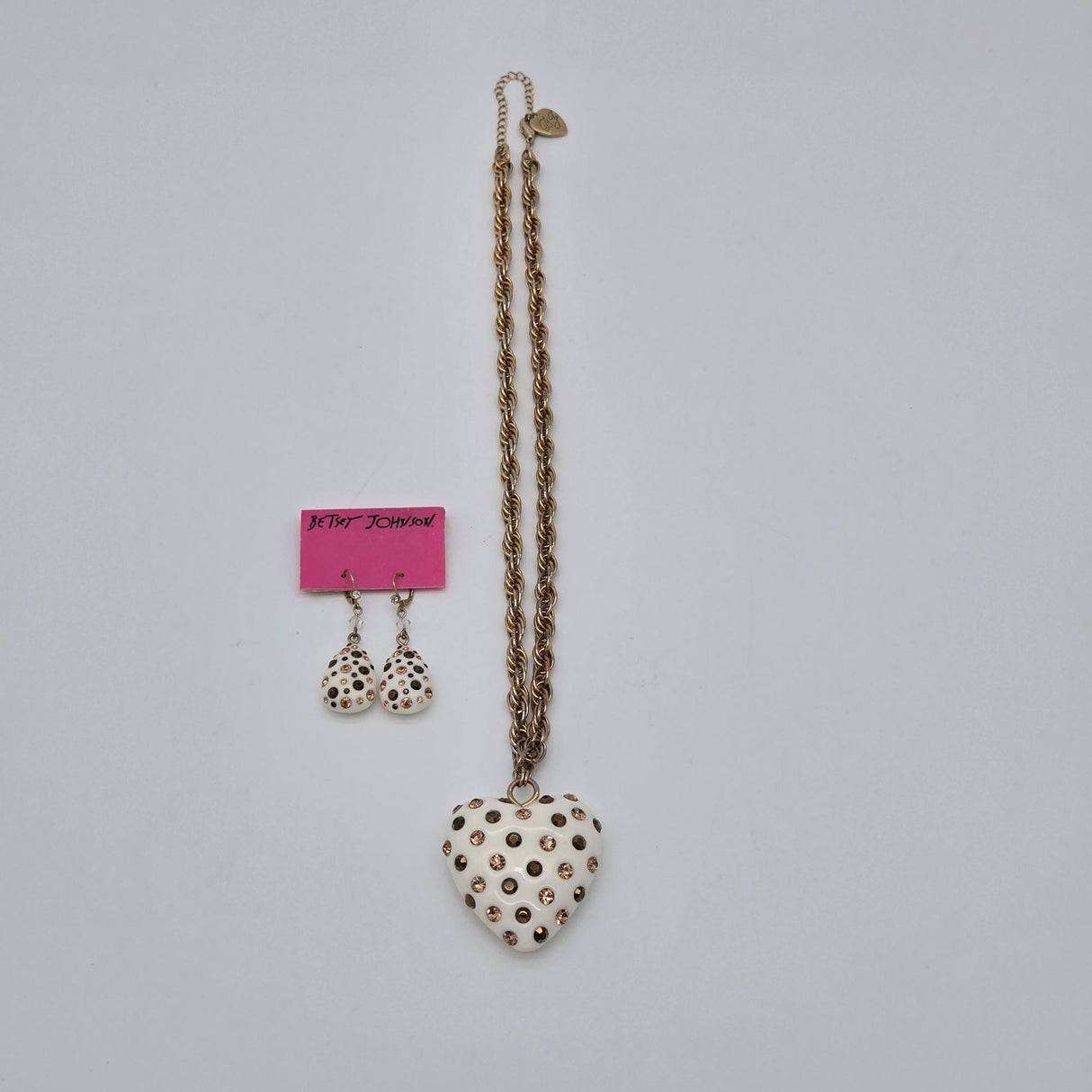 Betsey Johnson Puffy Heart Pendant Necklace & Earrings Set Gold-Tone White Rhinestones Polka Dot Design Jewelry