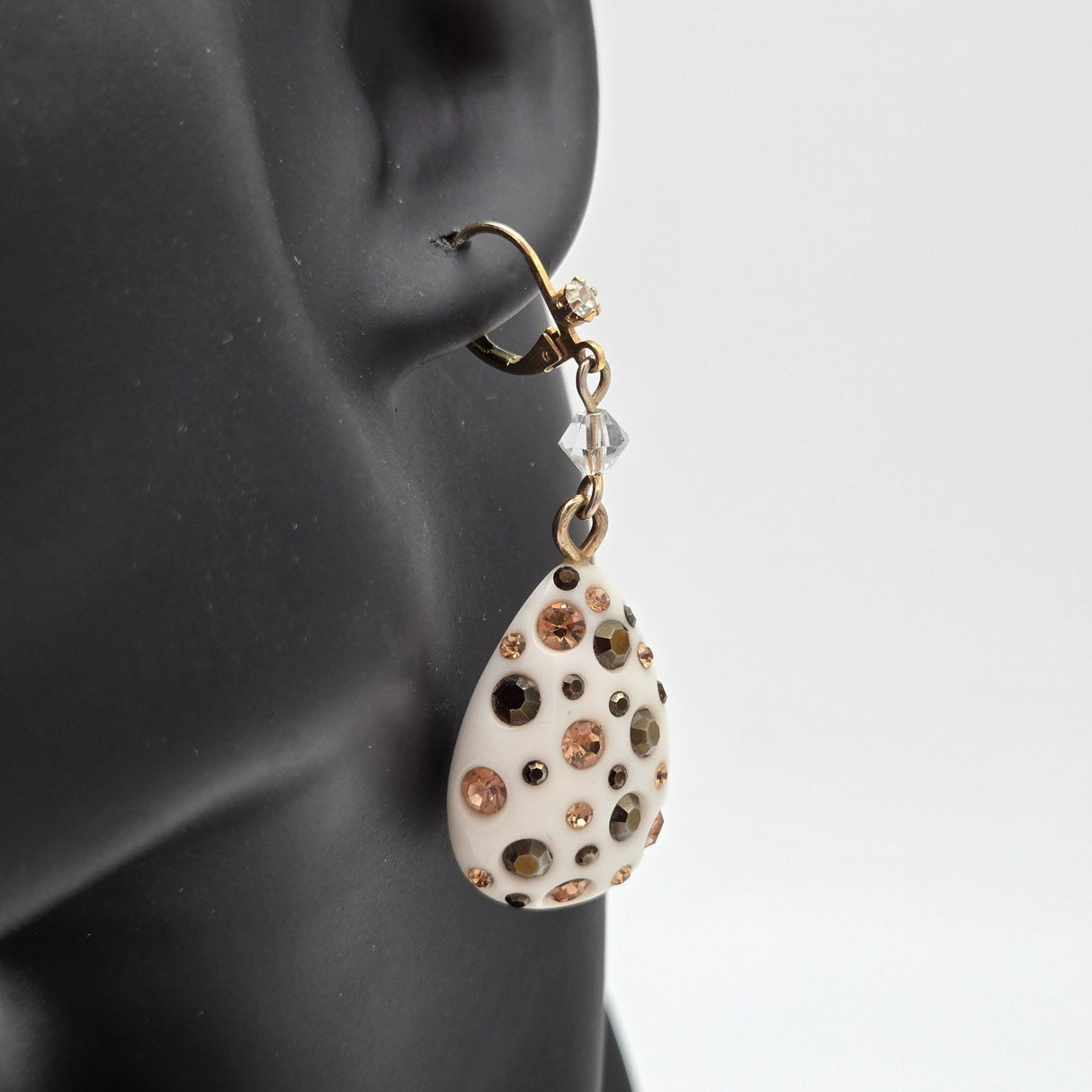 Betsey Johnson Puffy Heart Pendant Necklace & Earrings Set Gold-Tone White Rhinestones Polka Dot Design Jewelry