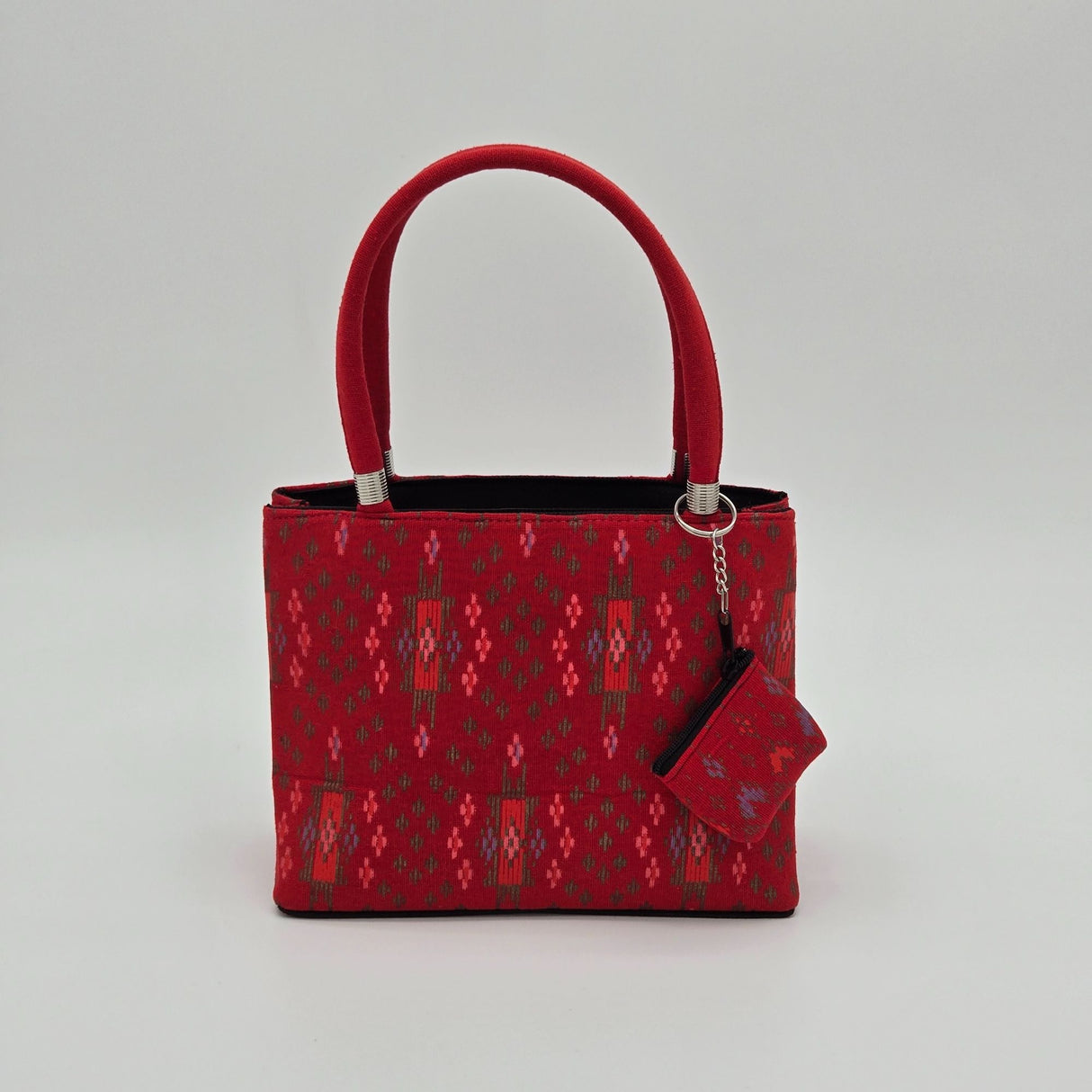 Handwoven Red Ikat Fabric Handbag With Dual Handles & Small Pouch