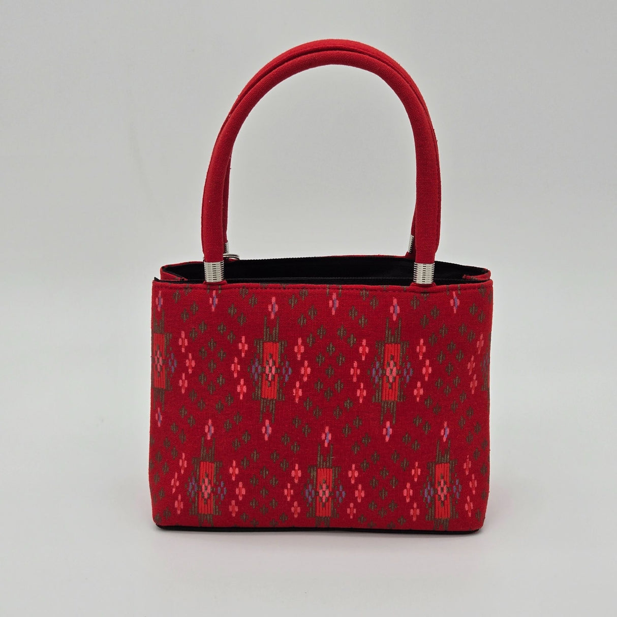 Handwoven Red Ikat Fabric Handbag With Dual Handles & Small Pouch