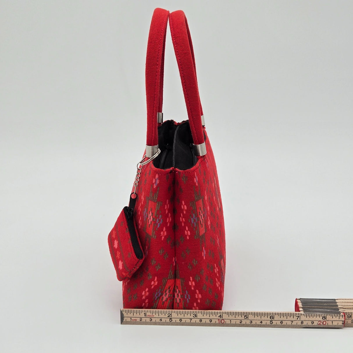 Handwoven Red Ikat Fabric Handbag With Dual Handles & Small Pouch