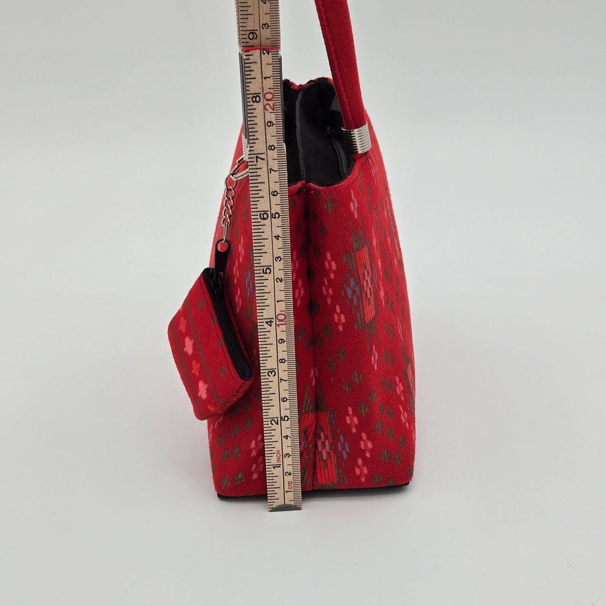 Handwoven Red Ikat Fabric Handbag With Dual Handles & Small Pouch