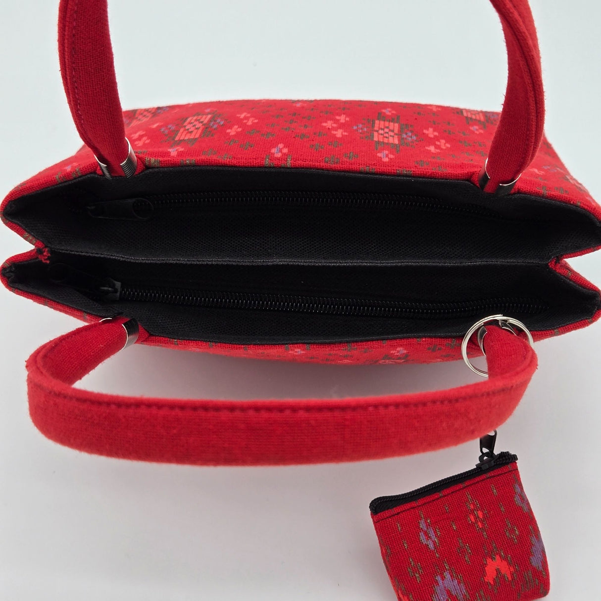 Handwoven Red Ikat Fabric Handbag With Dual Handles & Small Pouch