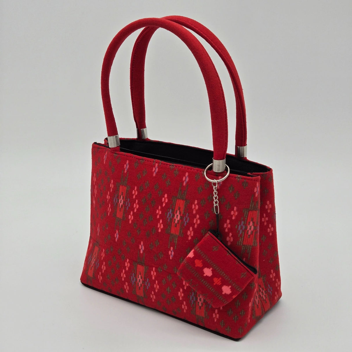 Handwoven Red Ikat Fabric Handbag With Dual Handles & Small Pouch