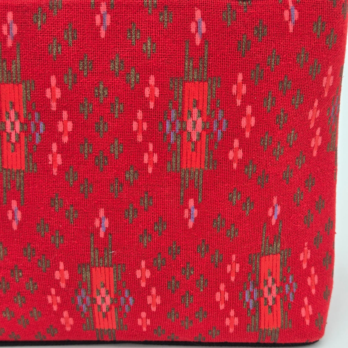 Handwoven Red Ikat Fabric Handbag With Dual Handles & Small Pouch