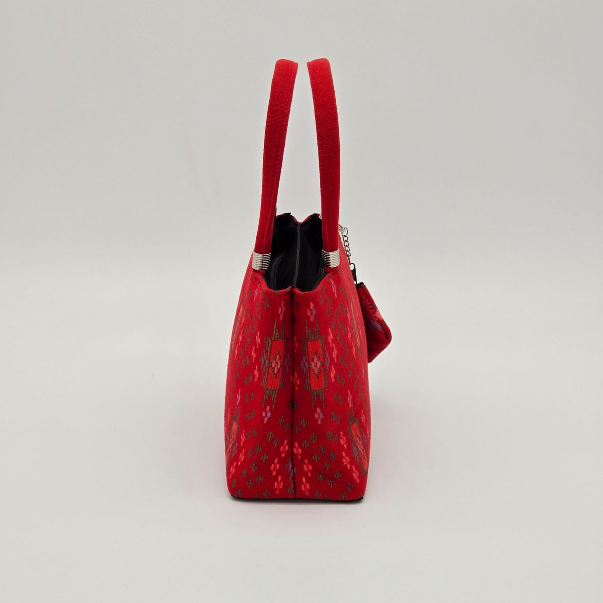 Handwoven Red Ikat Fabric Handbag With Dual Handles & Small Pouch