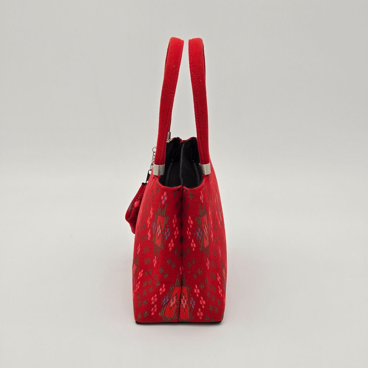 Handwoven Red Ikat Fabric Handbag With Dual Handles & Small Pouch
