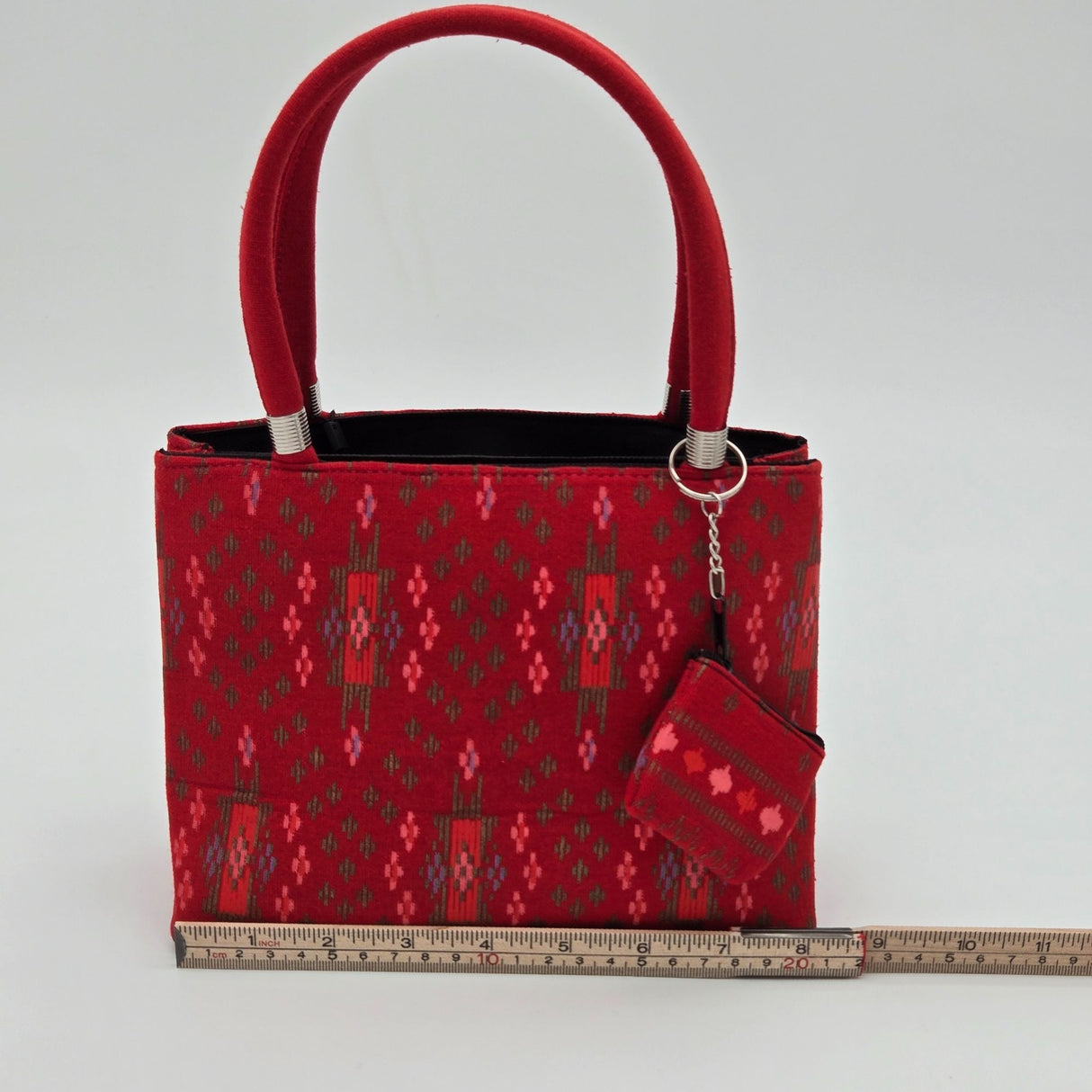 Handwoven Red Ikat Fabric Handbag With Dual Handles & Small Pouch
