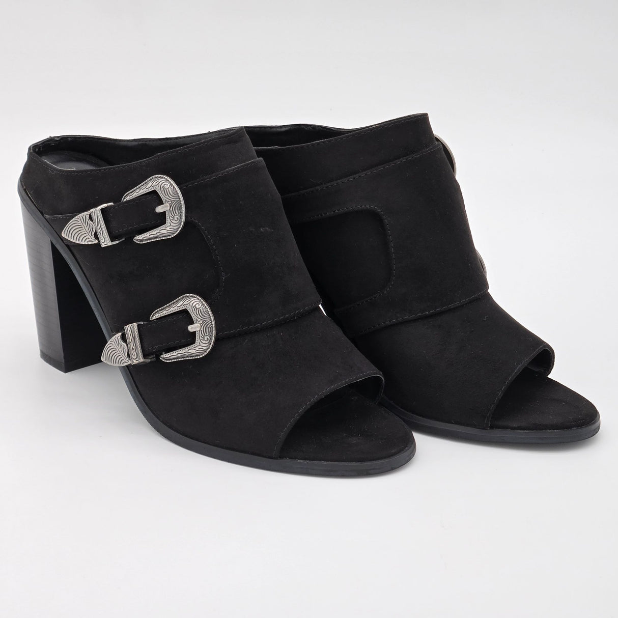 Forever 21 Black Open-Toe Mule Heels With Western Buckle Detail