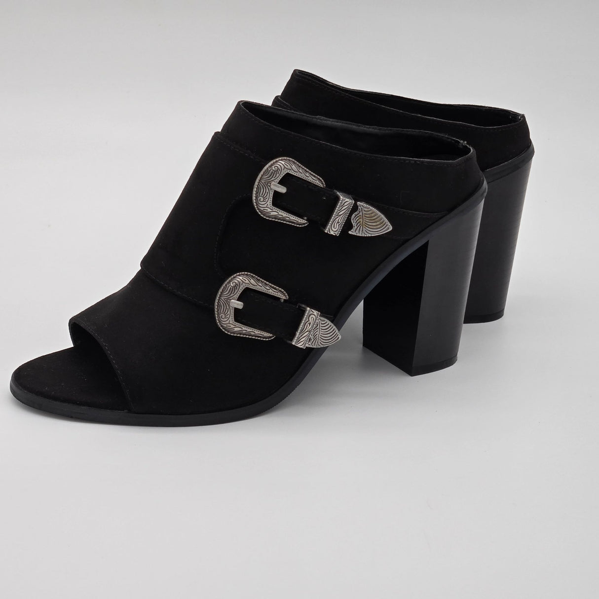 Forever 21 Black Open-Toe Mule Heels With Western Buckle Detail