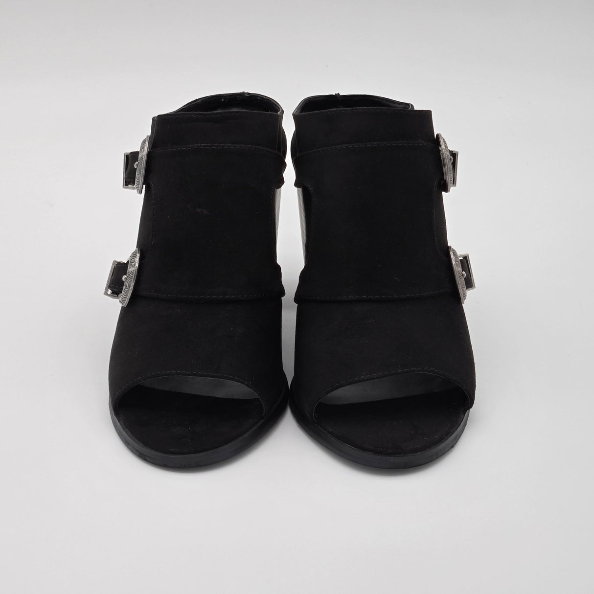 Forever 21 Black Open-Toe Mule Heels With Western Buckle Detail