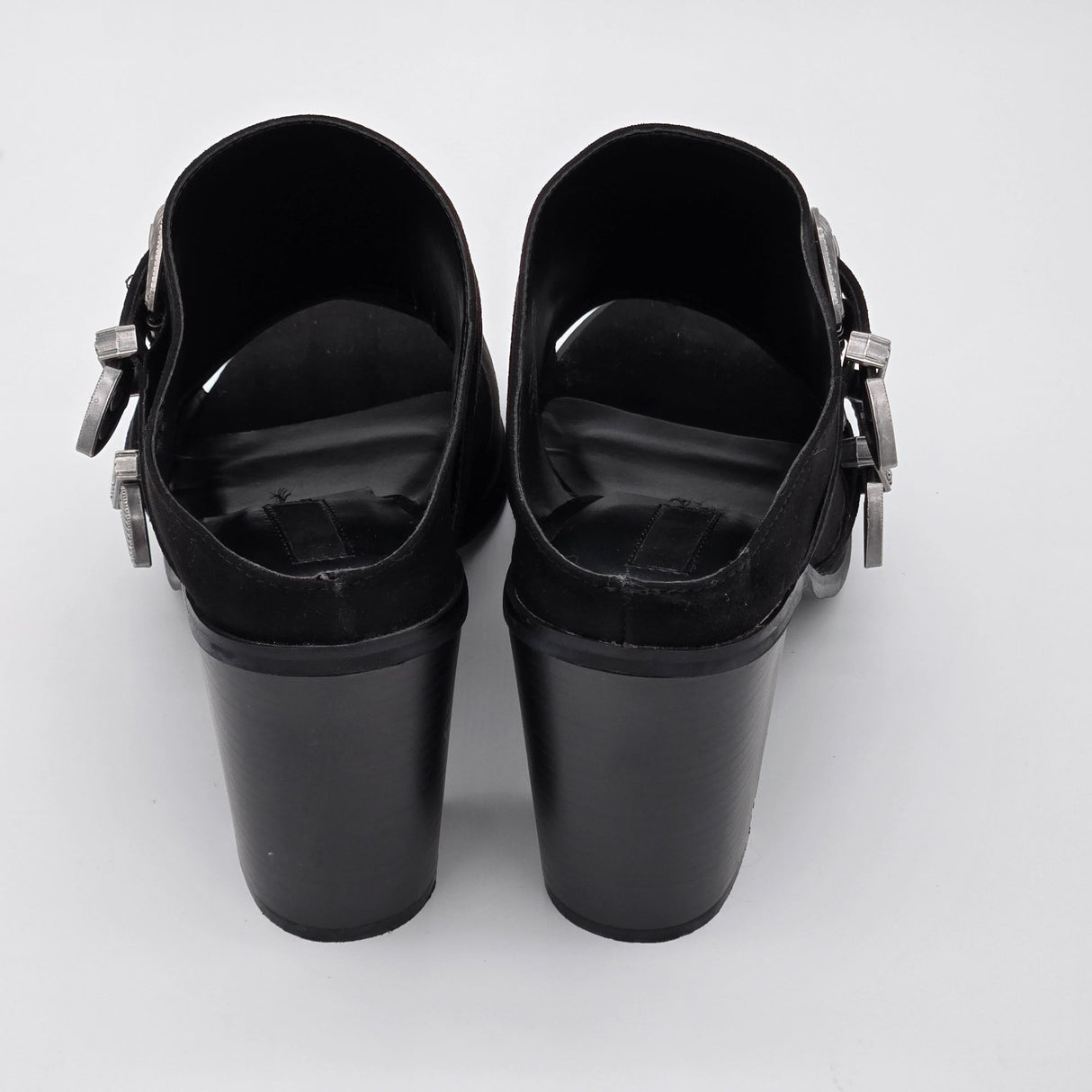 Forever 21 Black Open-Toe Mule Heels With Western Buckle Detail