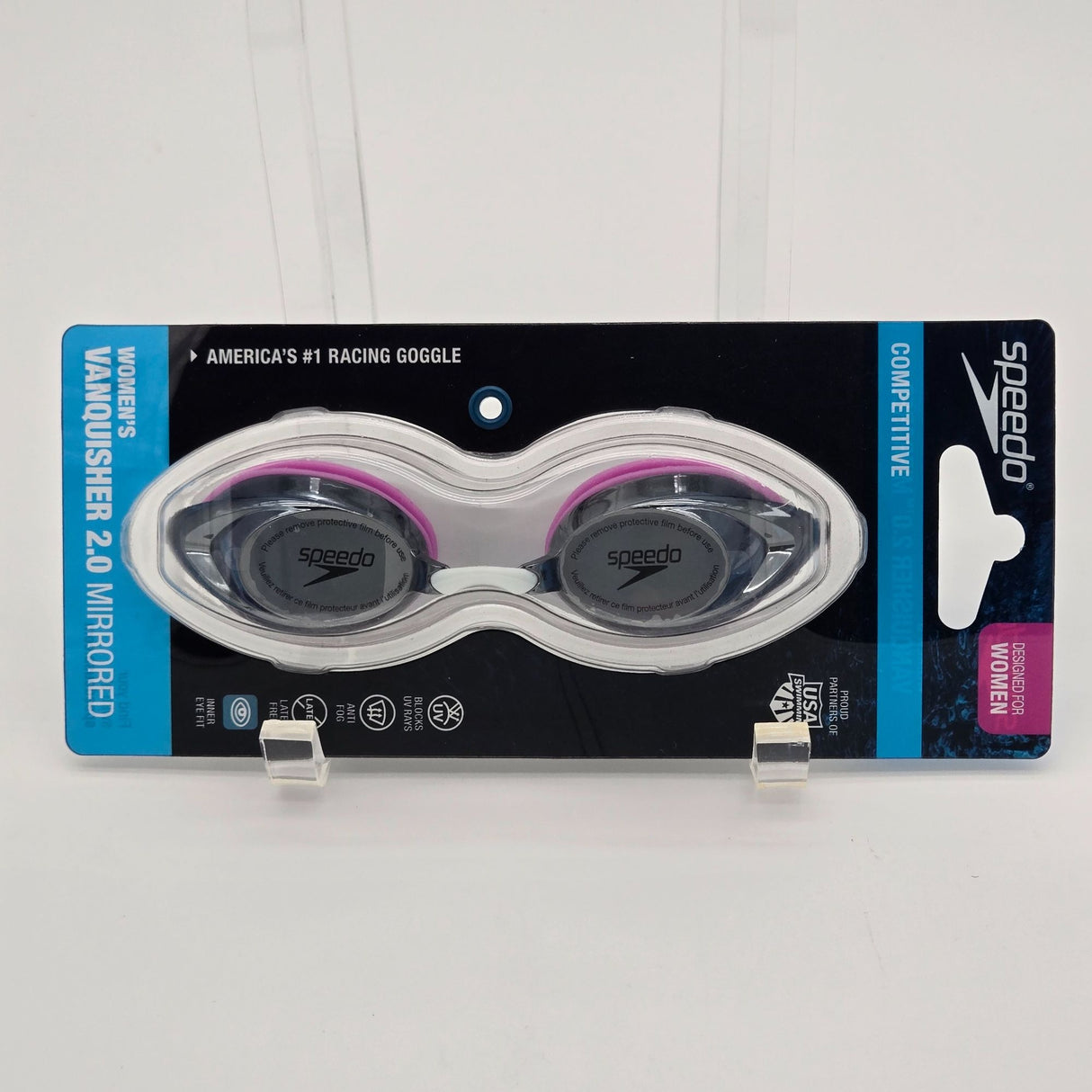 Speedo Women's Vanquisher 2.0 Mirrored Goggles Low Profile UV Protection Competitive Swimwear Purple & Black