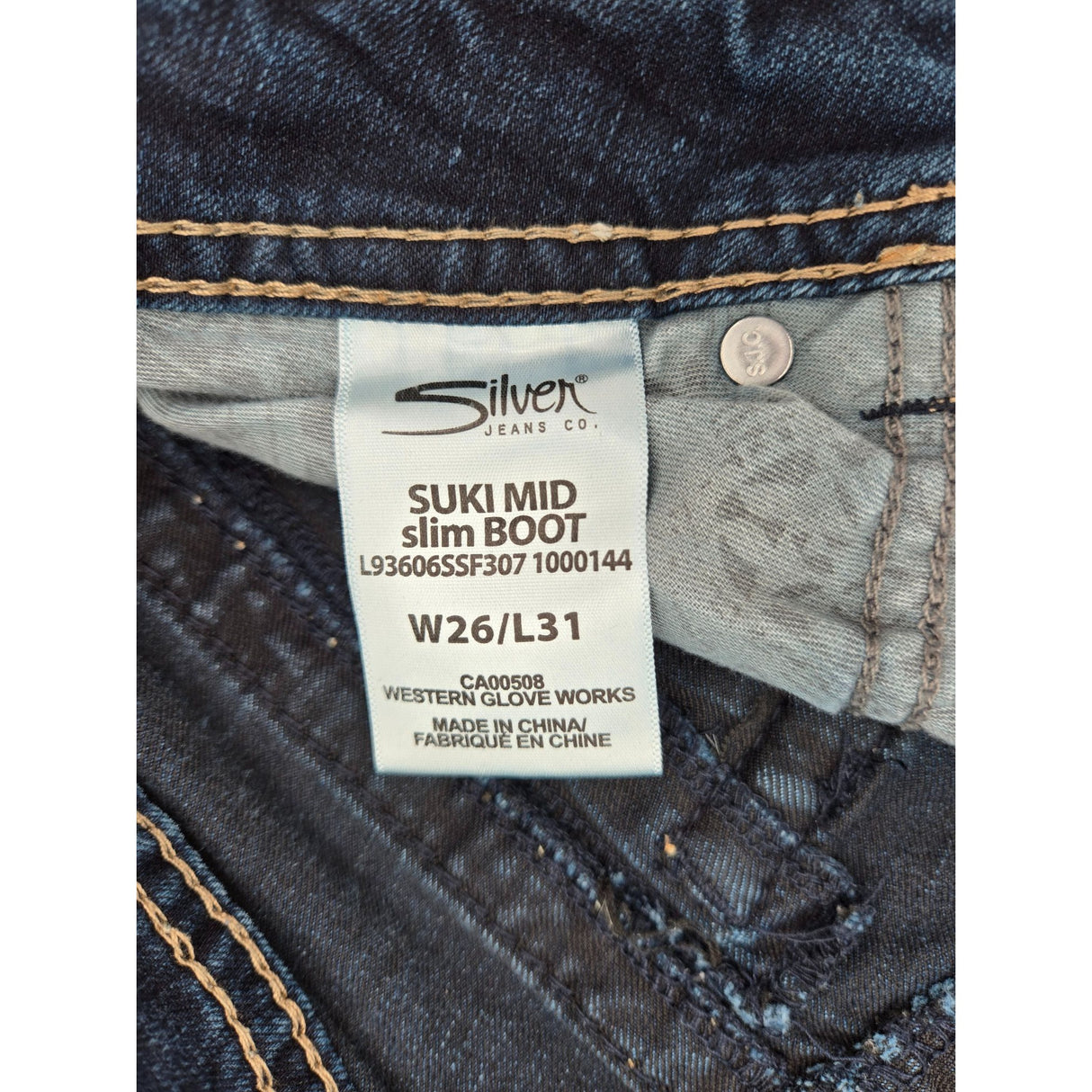 Silver Jeans Co. Suki Mid-Rise Bootcut Womens Jeans Size W26/L31 Sequin Embellished Pockets Distressed Look Denim