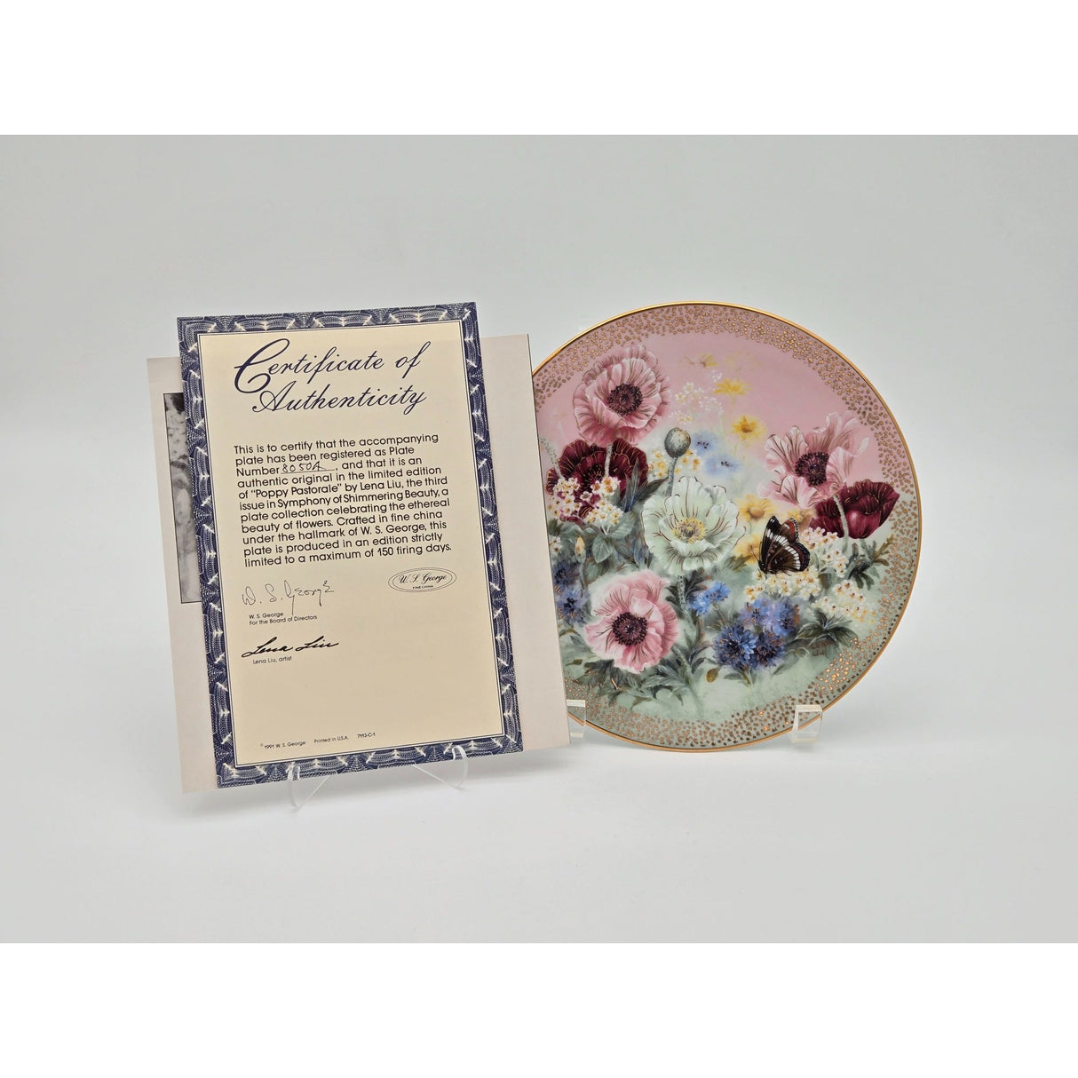 W.S. George Fine China Collector Plate 1991 Poppy Pastoral By Lena Liu W/ Certificate Of Authenticity