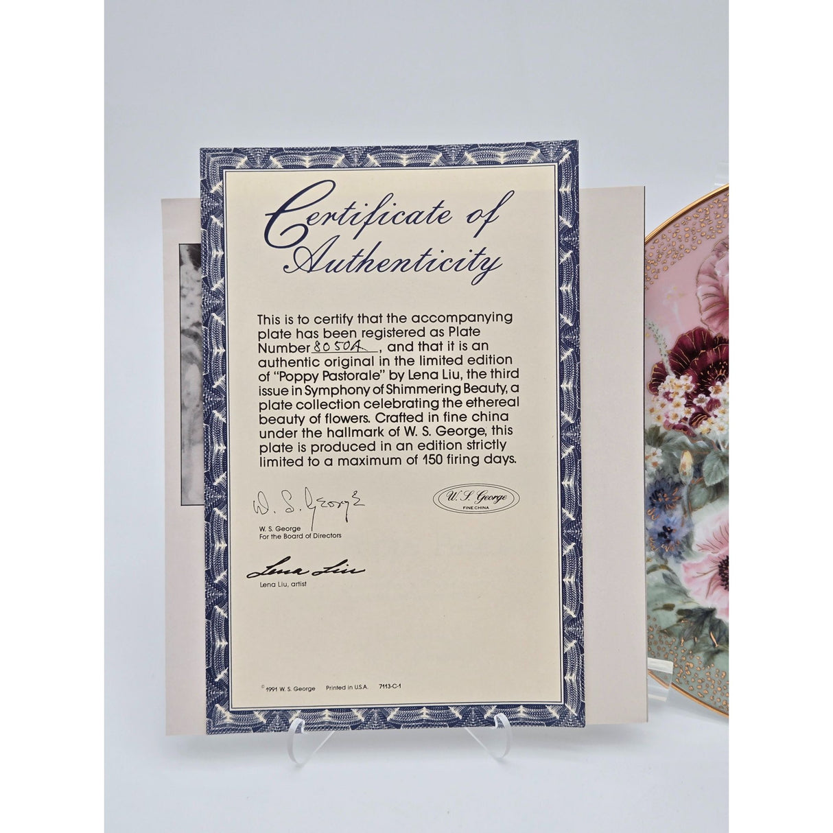 W.S. George Fine China Collector Plate 1991 Poppy Pastoral By Lena Liu W/ Certificate Of Authenticity