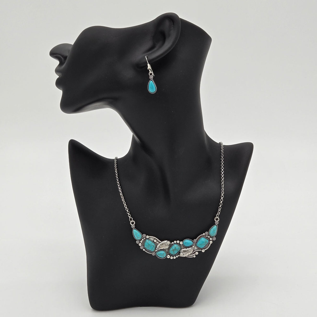 Turquoise Teardrop Necklace & Earring Set With Leaf Design By Paparazzi