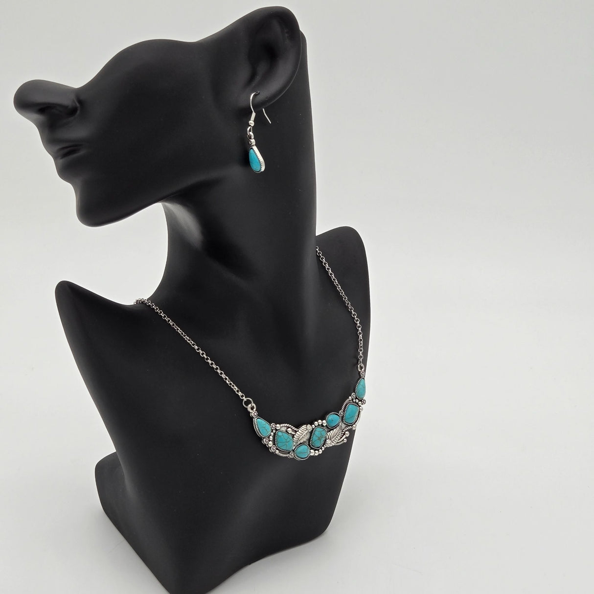Turquoise Teardrop Necklace & Earring Set With Leaf Design By Paparazzi