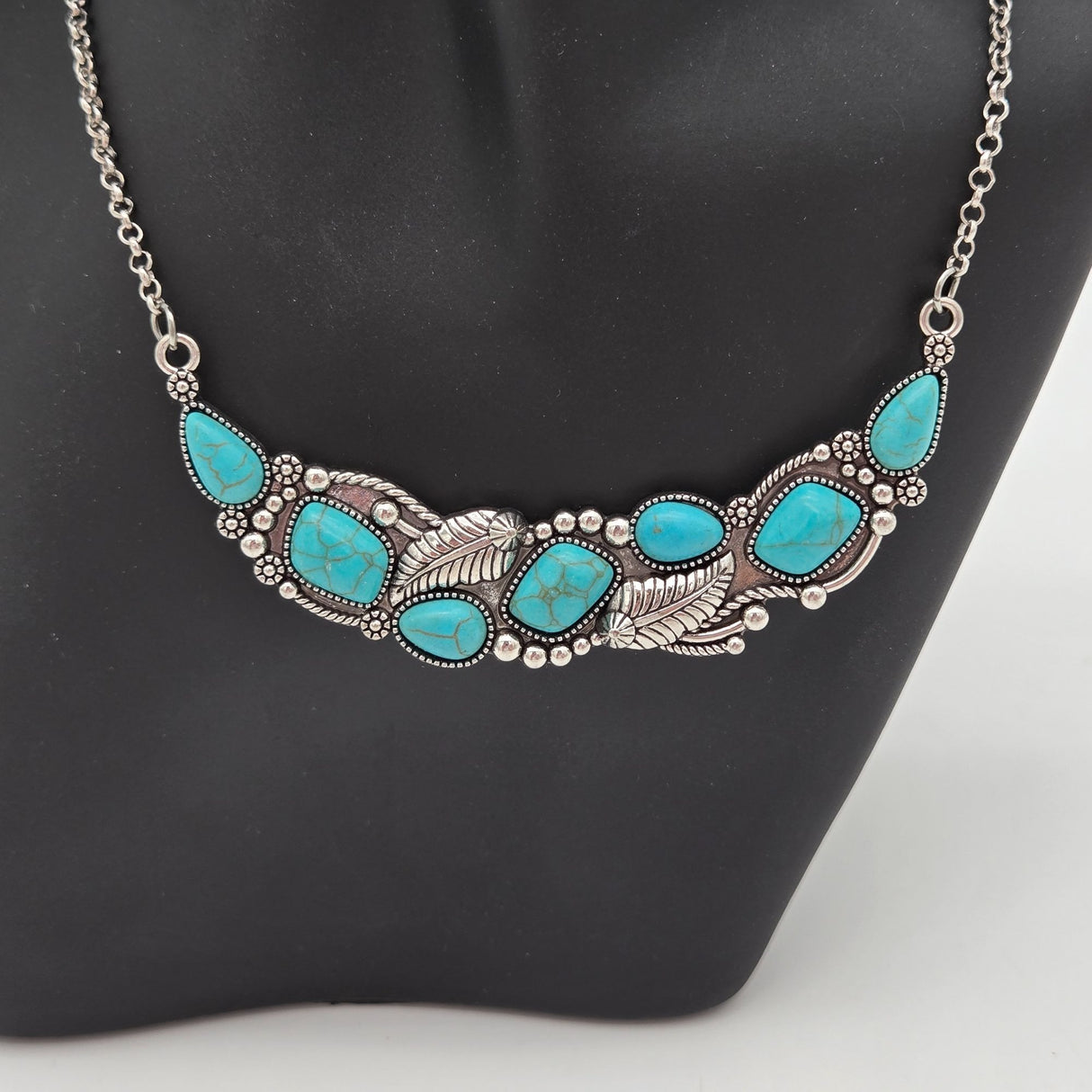 Turquoise Teardrop Necklace & Earring Set With Leaf Design By Paparazzi